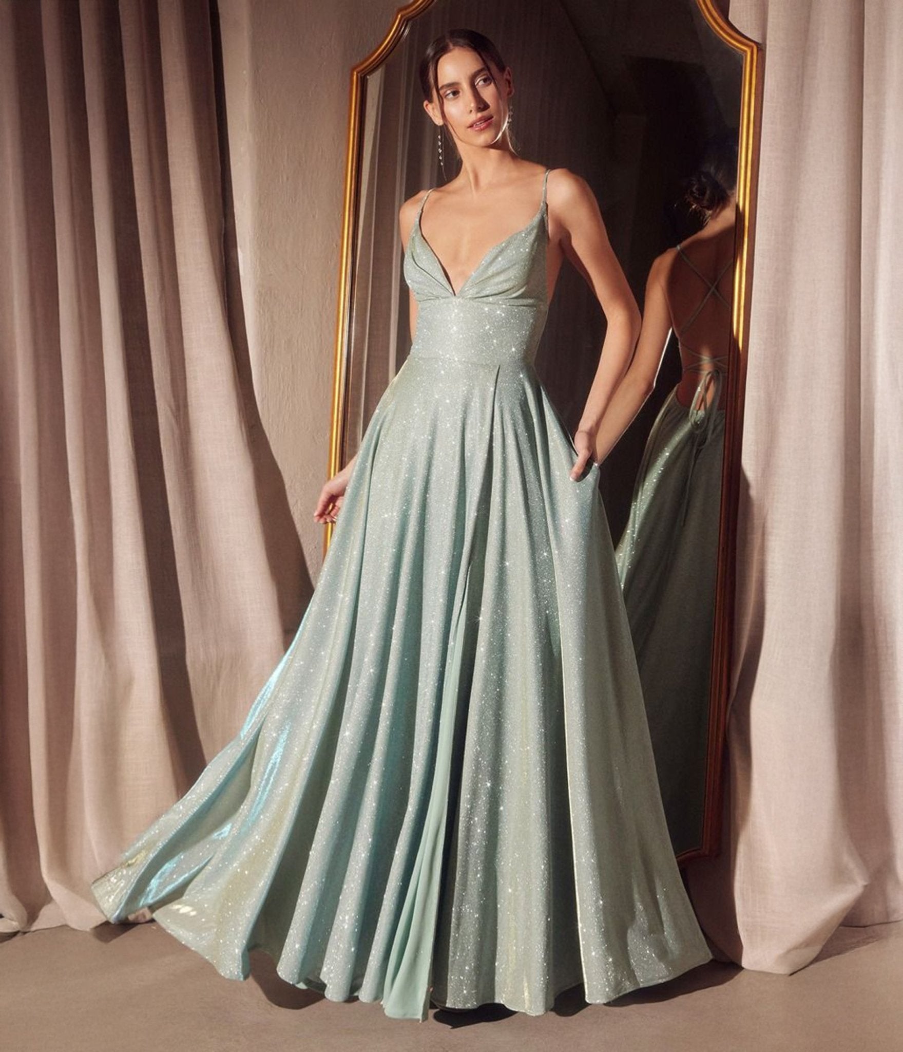 Cinderella Divine Sage Glitter V-Neck A-Line Slit Prom Gown - Elegant Formal Dress for Homecoming, Evening Gala & Special Occasions