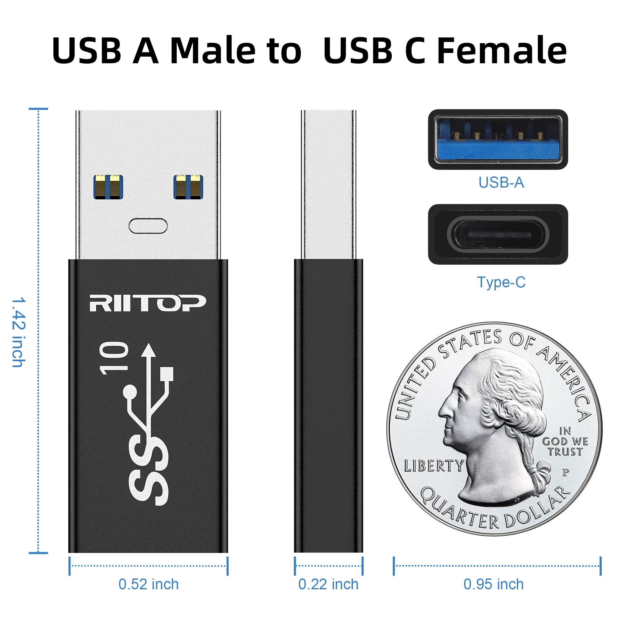 RIITOP USB 3.1 Type A to Type C Adapter - 10Gbps High Speed Data Transfer - Reversible USB C Female to USB A Male Converter - Compatible with MacBook, Samsung Galaxy, iPhone 15 - Perfect for Charging & Fast File Transfer Between Devices