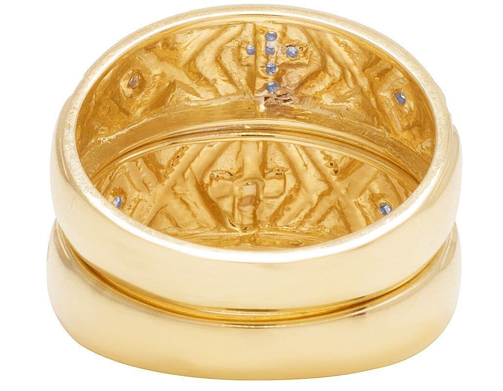 SSJewel 0.12 Ct Oval & Round Cut Diamond Two-Tone Religious Cross His & Her Trio Bridal Wedding Band Engagement Ring Set - 14K Gold Plated 925 Sterling Silver Handmade Anniversary Gift for Women | Perfect for Christian Weddings, Valentine's Day & Proposal Jewelry