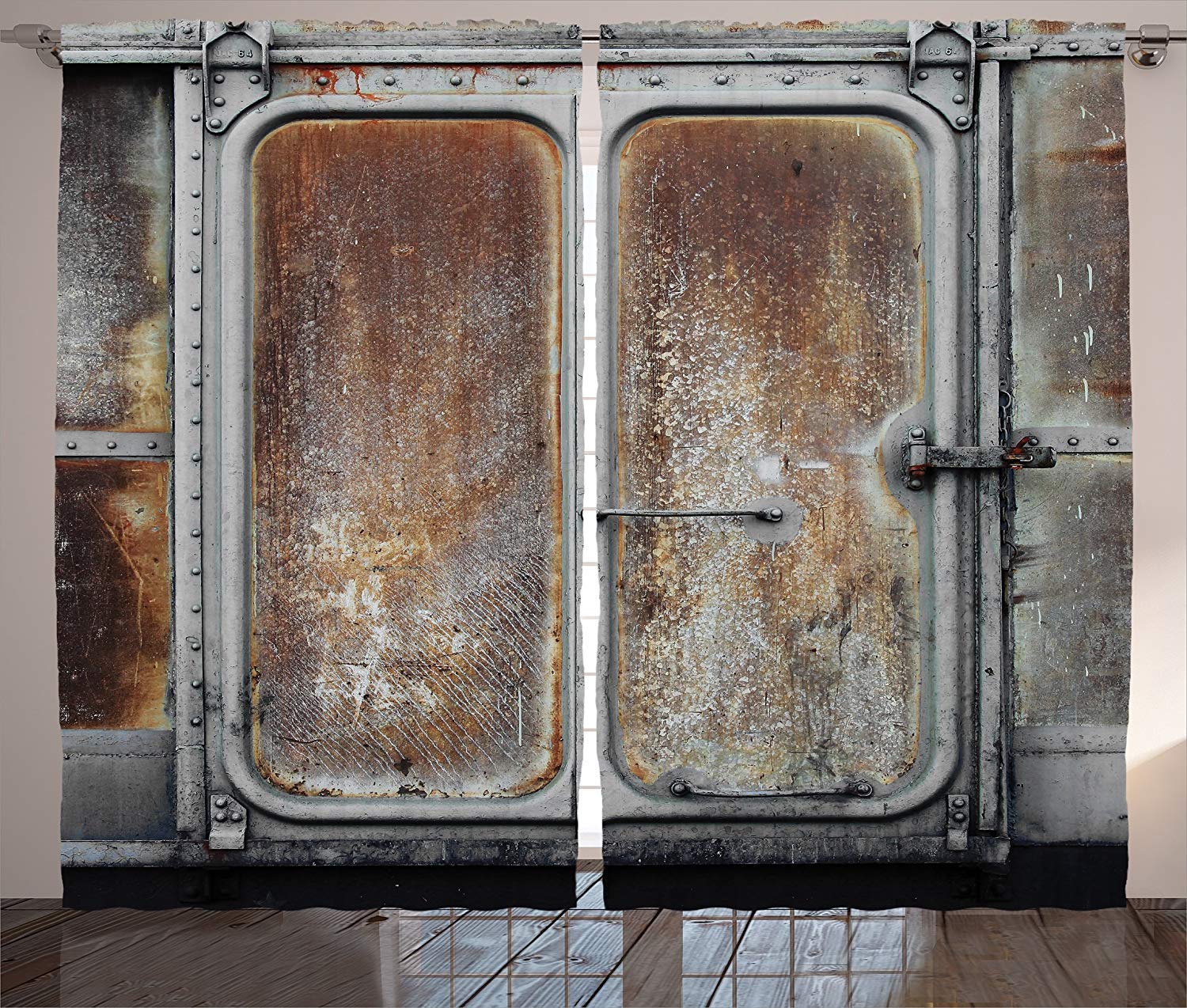 Vintage Industrial Railway Curtains - Old Locomotive & Container Door Design Blackout Window Drapes for Bedroom & Kitchen Decor - 104