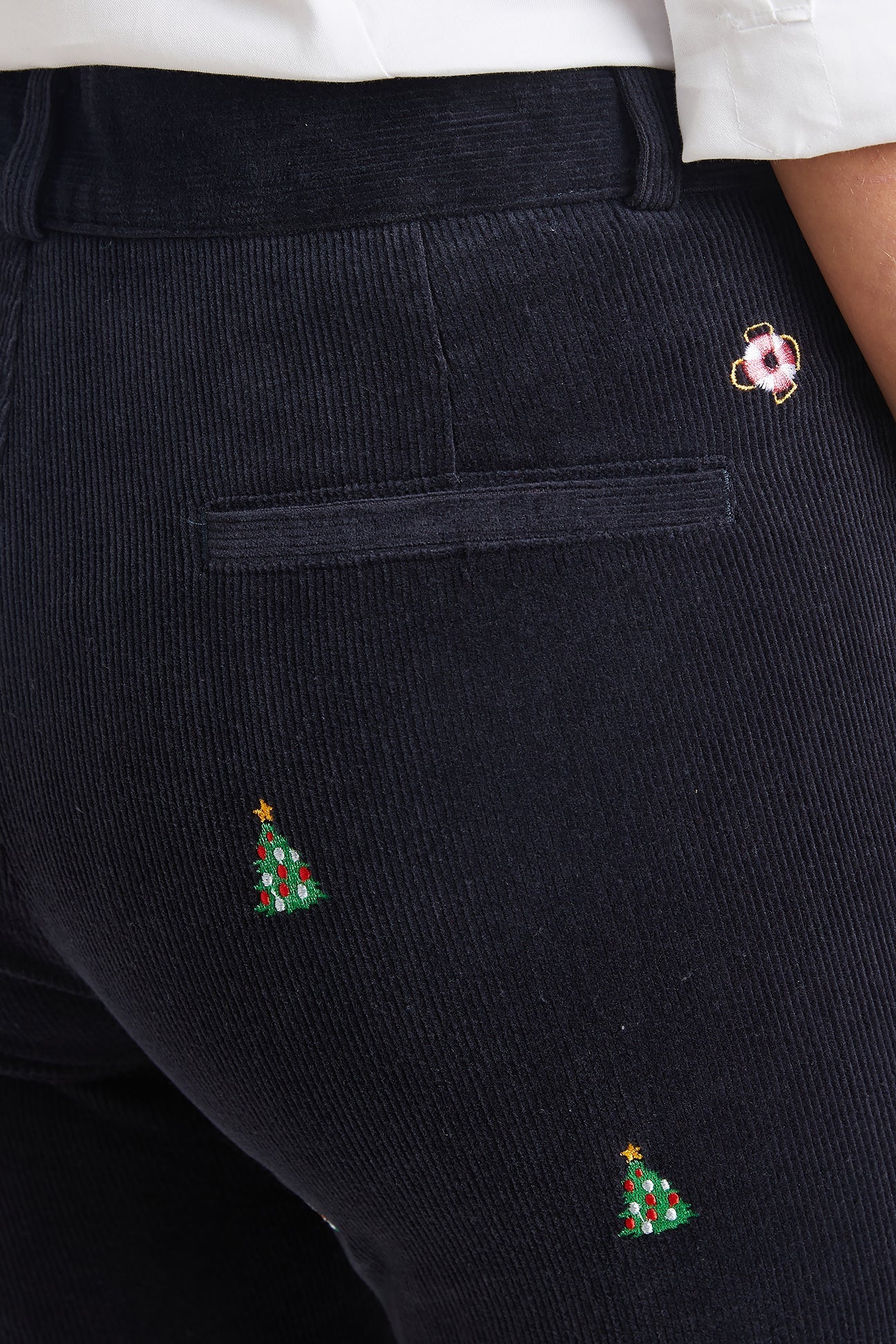 Beachcomber Corduroy Ankle Capri Pants in Nantucket Navy with Christmas Tree Print - Perfect for Holiday Parties & Winter Vacations
