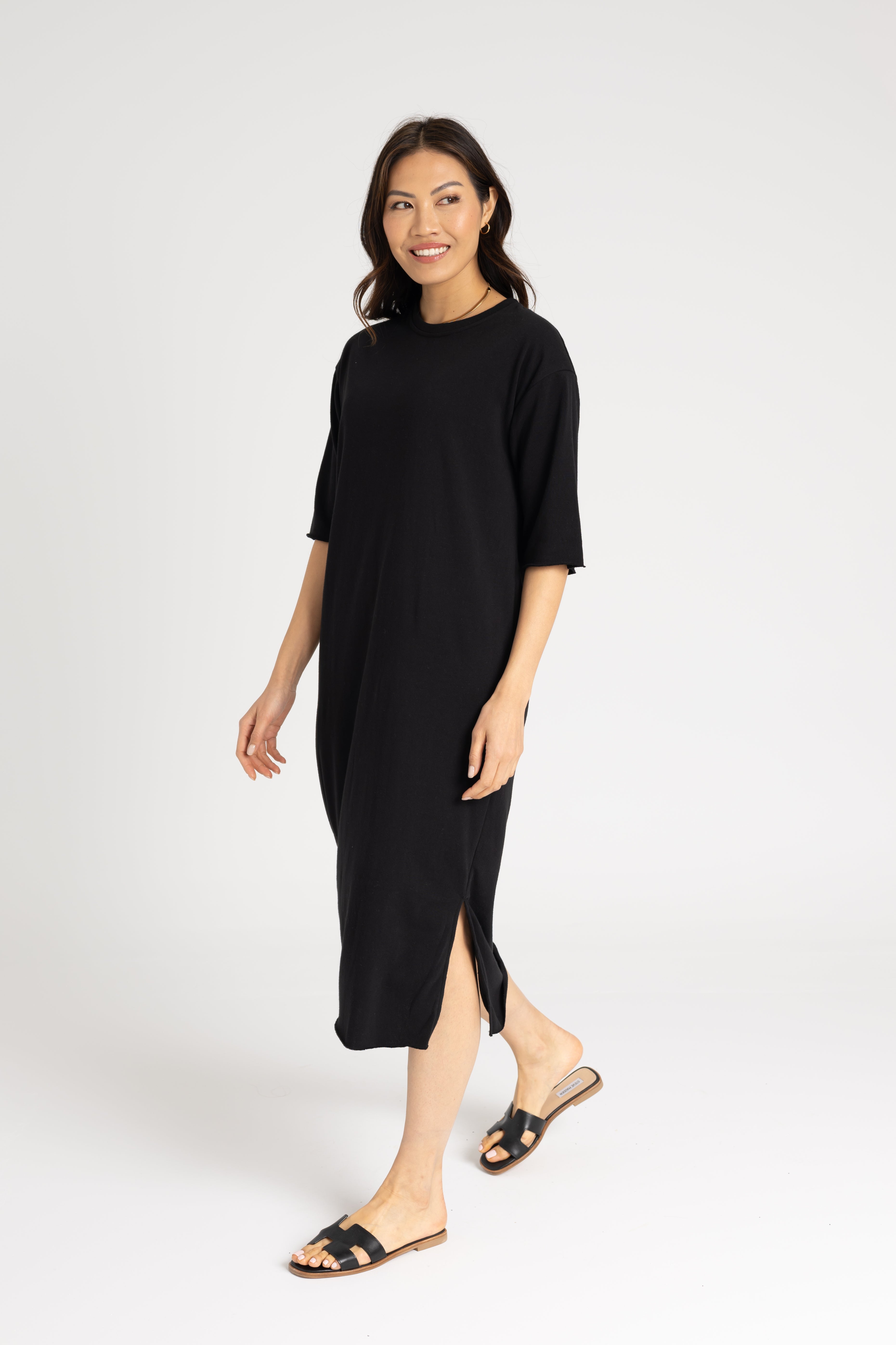 Black Terry Midi Dress for Women - Soft Cotton Blend Casual Summer Dress - Perfect for Beach, Vacation & Everyday Wear