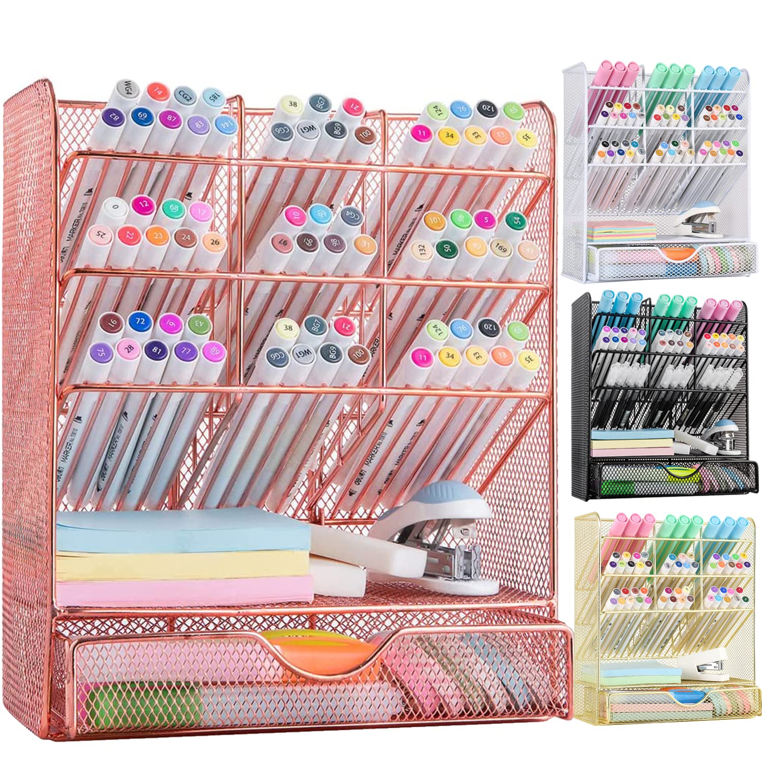 Rose Gold Pen Holder Desk Organizer - 10 Compartments & Drawer for Office & Study