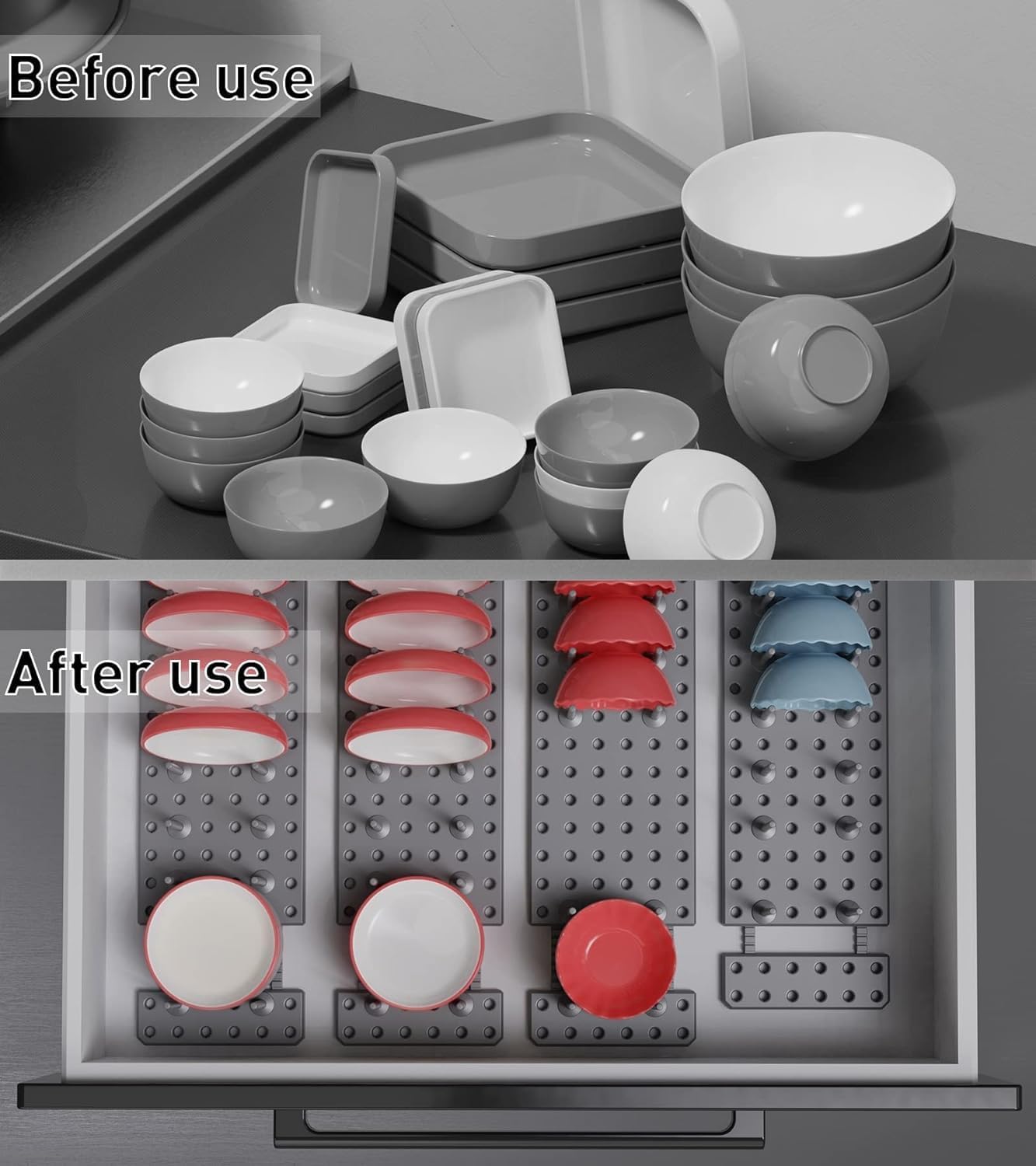 Adjustable Kitchen Cabinet Organizer - Expandable Plate & Bowl Holder, Dish Drying Rack, Pegboard Tray (15x10cm, Grey) - Perfect for Pantry, Cupboard & Countertop Storage