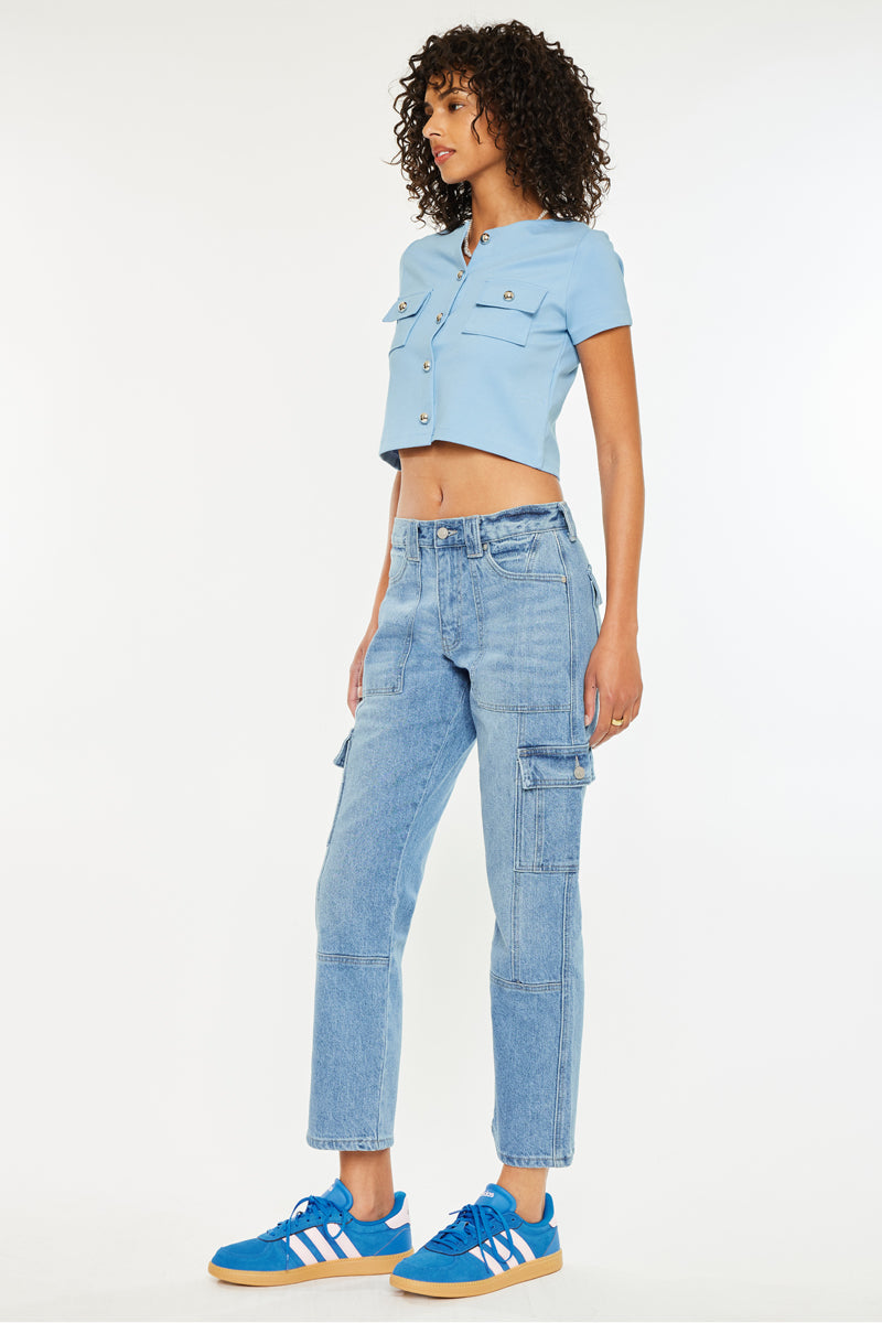 Aaliyah High Rise Slim Straight Leg Cargo Jeans for Women - Stretch Denim Pants with Multiple Pockets | Perfect for Casual Wear, Outdoor Adventures & Street Style Fashion