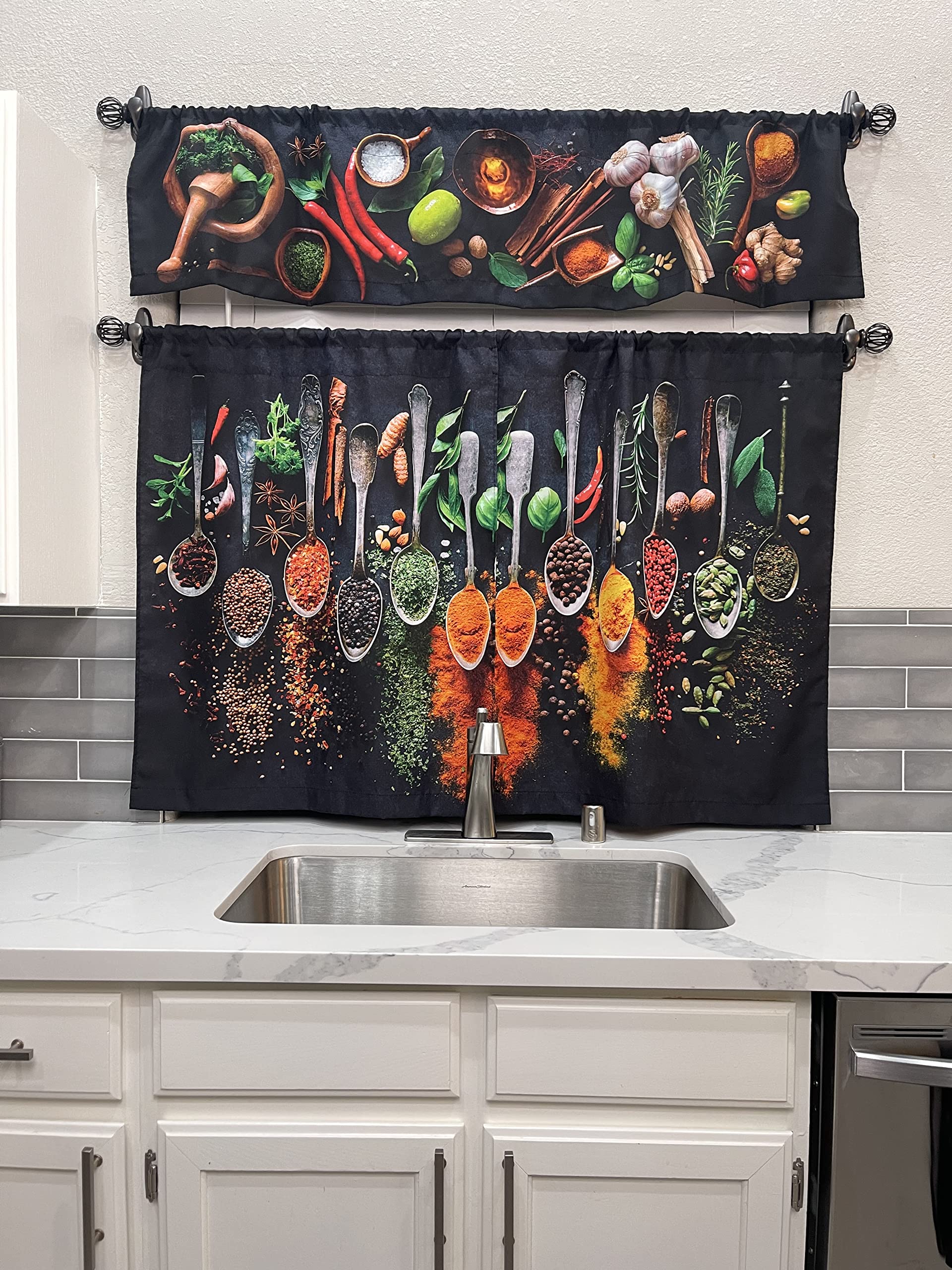 UpNUpCo Artistic Spicy Kitchen Curtain Set - 3-Piece Spicy Themed Fabric Window Treatment with Valance for Mexican, Southwestern & Eclectic Home Decor - Perfect for Kitchens, Dining Rooms & Farmhouse Style Interiors