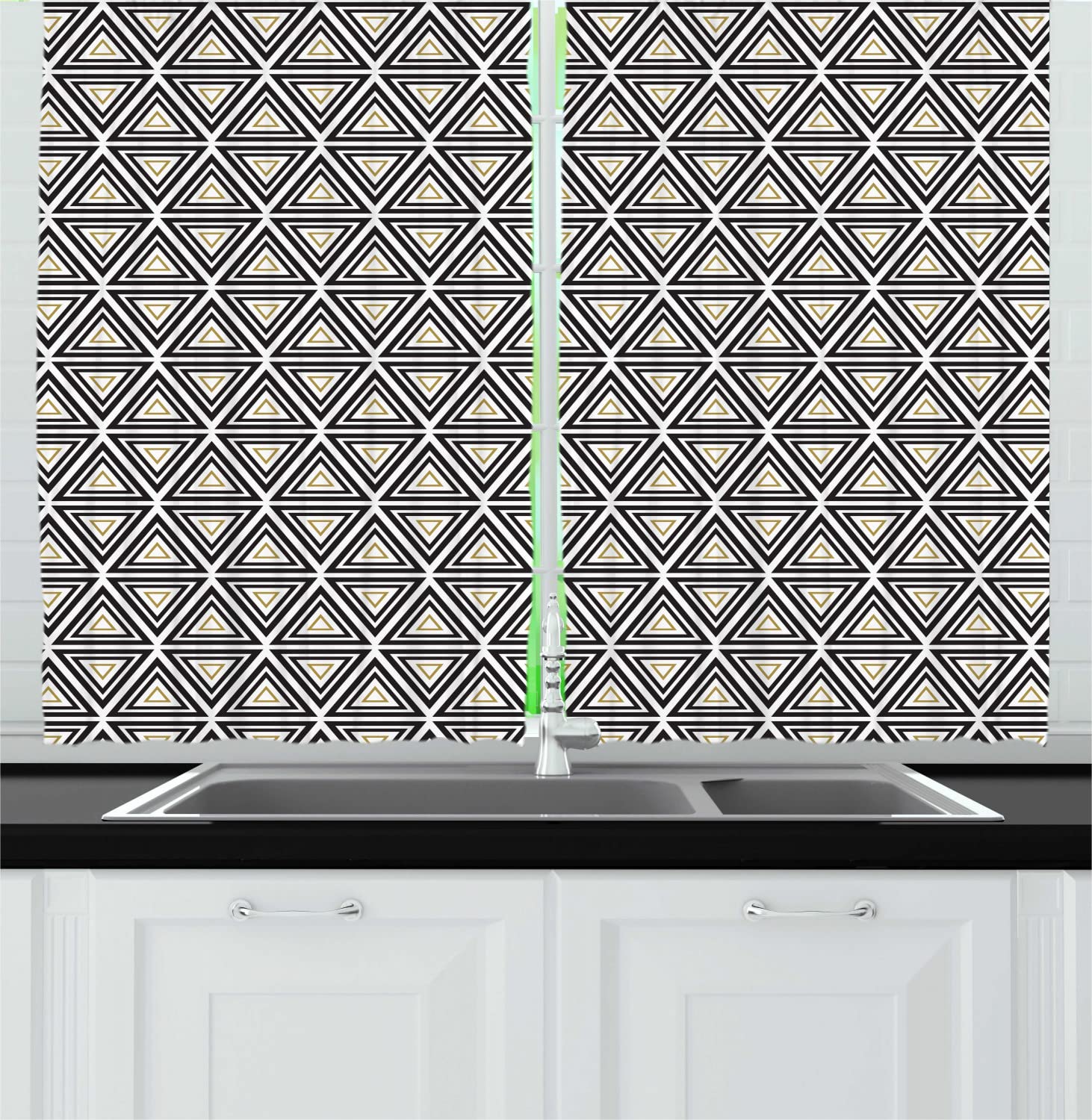Ambesonne Geometric Long Kitchen Curtains - Abstract Vintage Triangular Victorian Renaissance Design - 2 Panel Rod Pocket Drapes 55