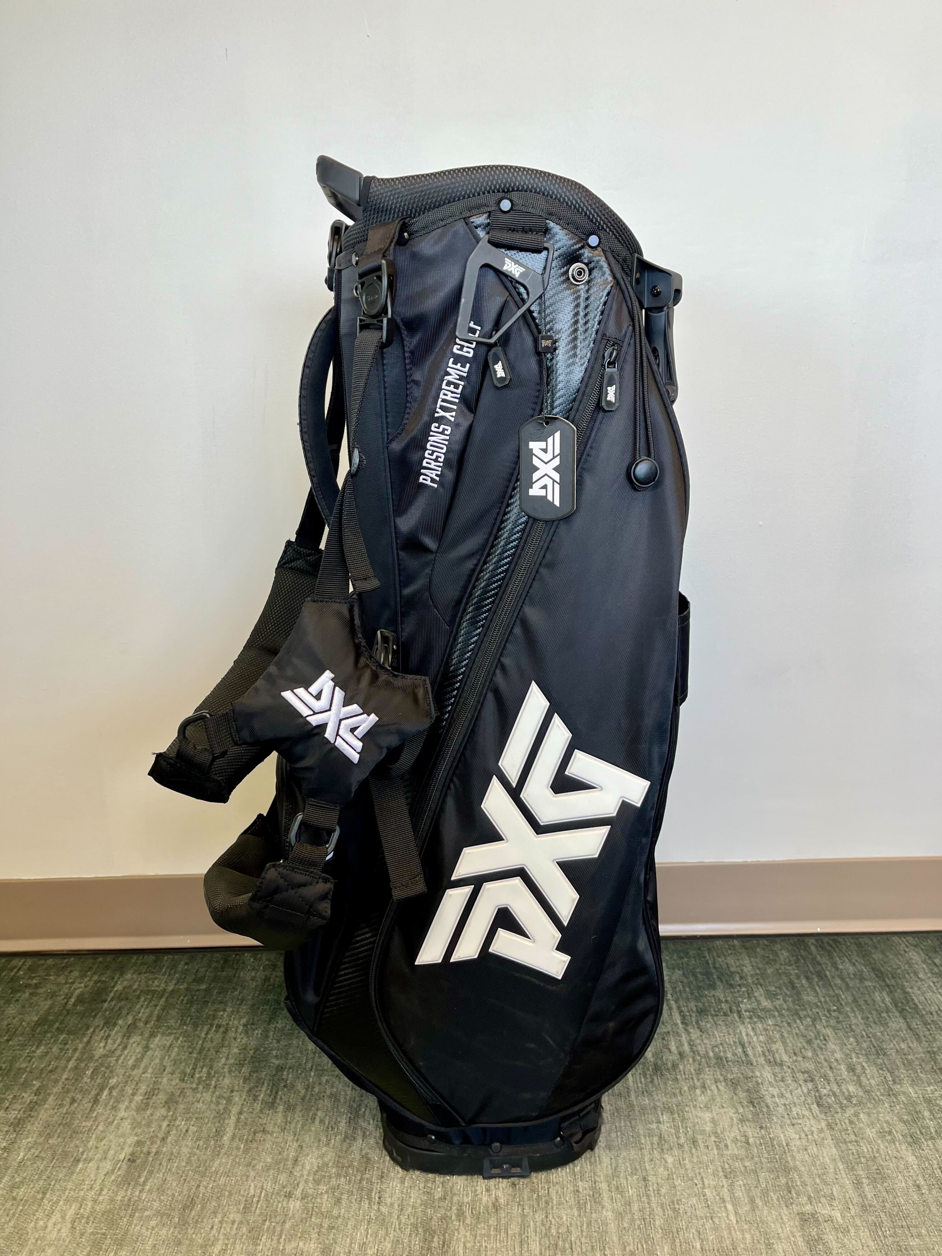 PXG Golf Stand & Carry Bag - Black with 4 Dividers, 5 Pockets, Adjustable Strap & Rain Cover - Perfect for Golf Course & Driving Range