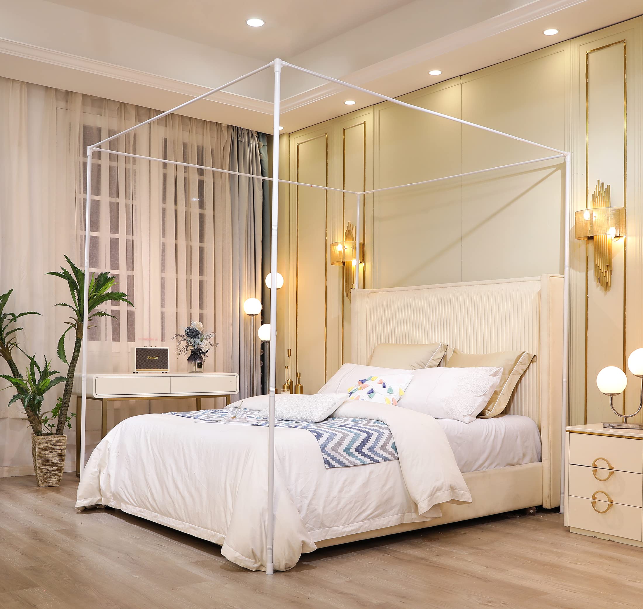 Elegant White Canopy Bed Frame for Twin Size - Sturdy Metal & Wood Bed Canopy Poles with Curtain Brackets - Perfect for Bedroom Decor, Princess Theme & Cozy Sleep Retreat