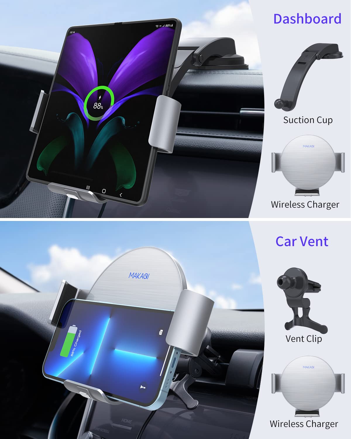 Fast Wireless Car Charger for Samsung Galaxy Z Fold 6/5/4/3/2 & iPhone 16/15/14/13/12/11 Pro Max/X - Dual Coil Auto-Clamping Phone Holder with 15W Qi Charging - Perfect for Road Trips & Daily Commute