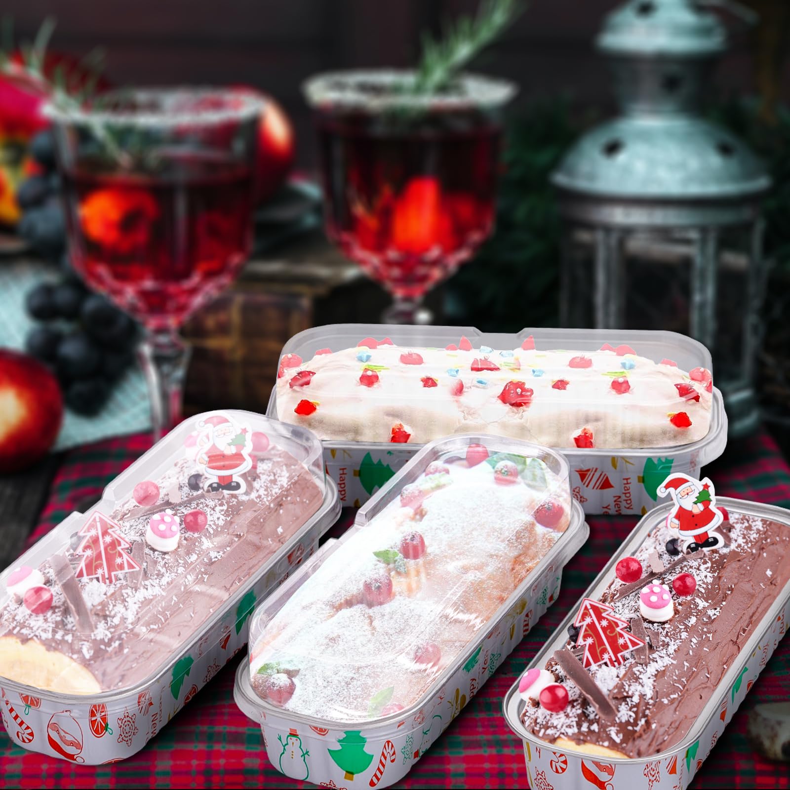 50-Pack 6.8Oz Disposable Aluminum Foil Mini Loaf Pans with Lids & Spoons - Christmas Mini Cake Pans, Individual Dessert Containers for Baking, Party, Picnic, Holiday Treats & Gift Giving