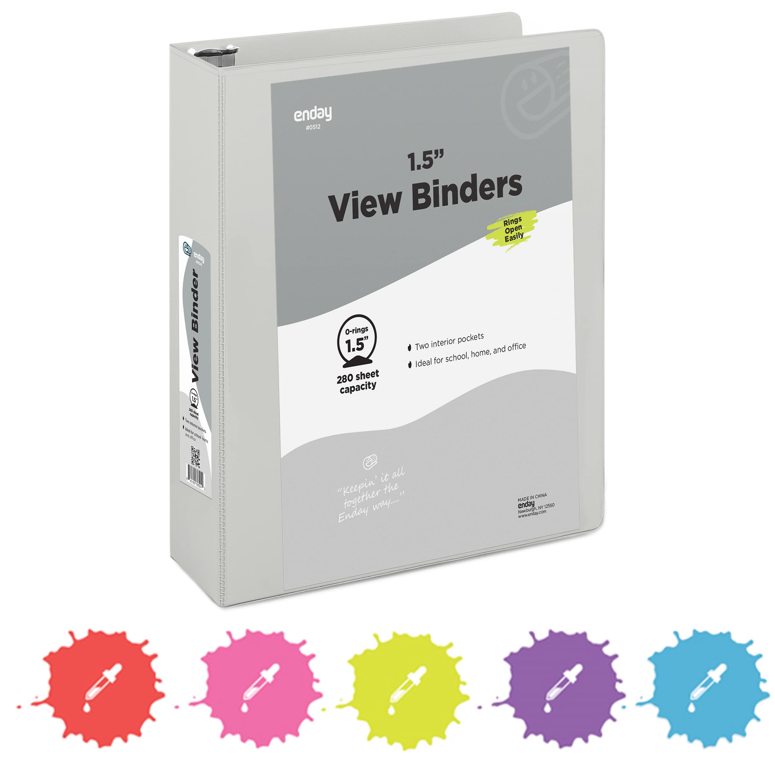 Enday 1.5 Inch Grey 3-Ring Binder with Clear View Cover & 2 Inside Pockets - Durable School & Office Supplies for Organizing Documents, Homework, Presentations - Perfect for Students, Teachers & Professionals
