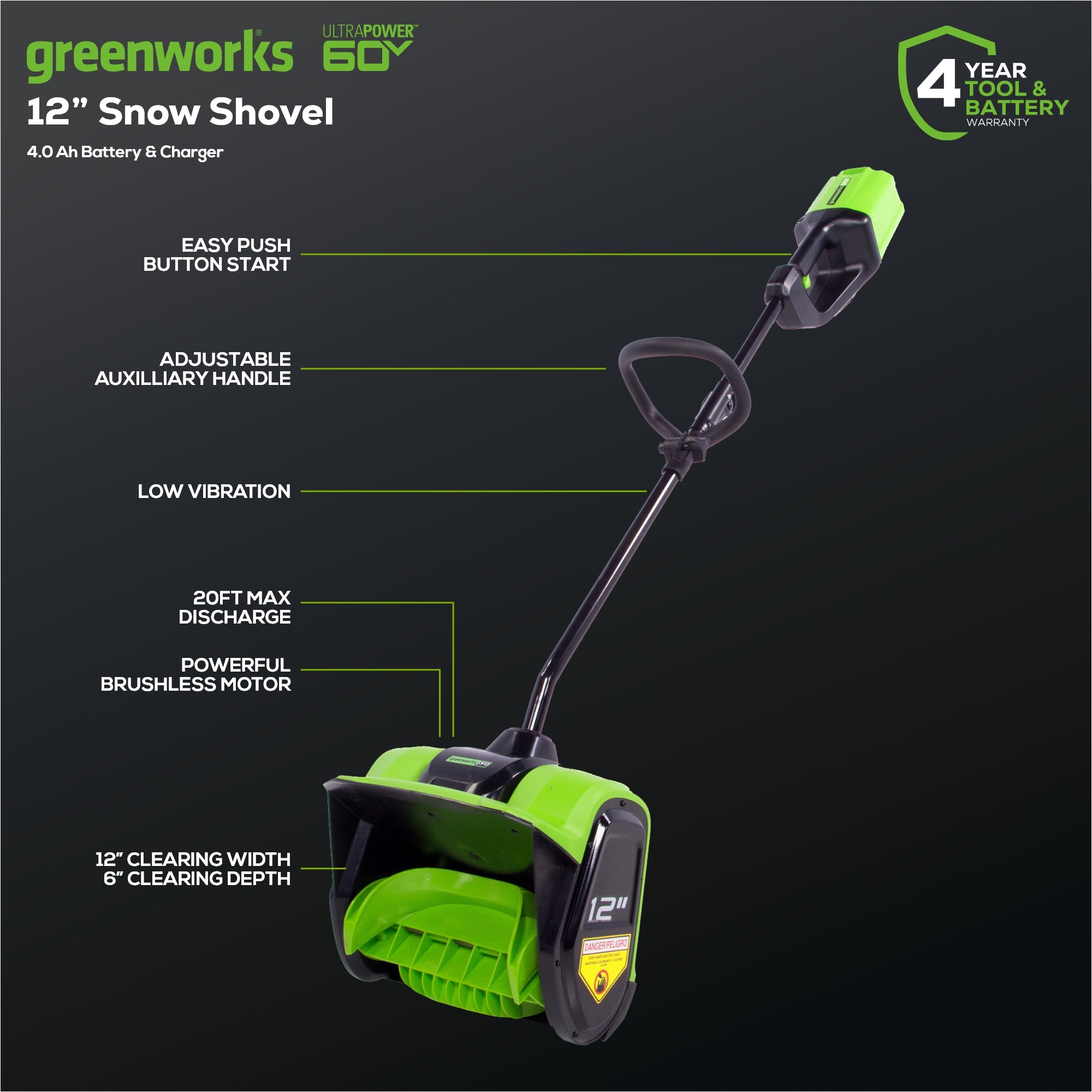 60V 12-Inch Cordless Battery Snow Shovel with 4.0Ah Lithium-Ion Battery & Fast Charger - Lightweight Electric Snow Removal for Driveways, Walkways & Patios