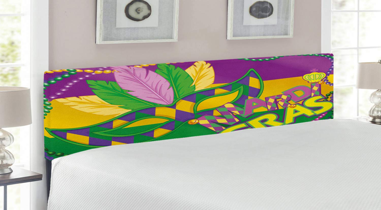 Ambesonne Mardi Gras King Size Upholstered Headboard - Colorful Beaded Feather Crown Design with Memory Foam - Vibrant Lime Green & Magenta Decorative Metal Bed Headboard for Festive Bedroom Decor