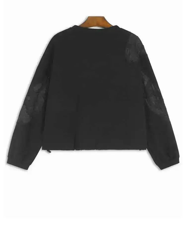 Black Lace Hollow Out Casual Sweatshirt for Women - Round Neck Long Sleeve Oversized Fashion Top - Spring Autumn 2025 Trendy Outfit - Perfect for Date Night, Office Wear & Casual Outings