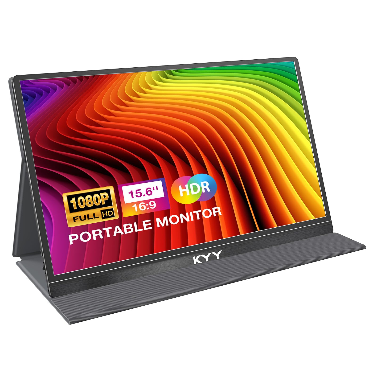 KYY 15.6 Inch Portable Monitor - Full HD 1080P IPS Display, Ultra Slim USB C HDMI External Screen with Smart Cover & Built-in Speakers, Plug & Play for Laptop, PC, Mac, Phone, Gaming Console - Perfect for Work, Travel & Gaming Entertainment