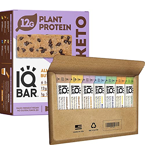 IQBAR Brain & Body Keto Protein Bars - 12 Pack Almond Butter Chip & 7-Bar Sampler | Low Carb, High Fiber Vegan Snacks | Meal Replacement for Workout, Travel & On-the-Go Energy