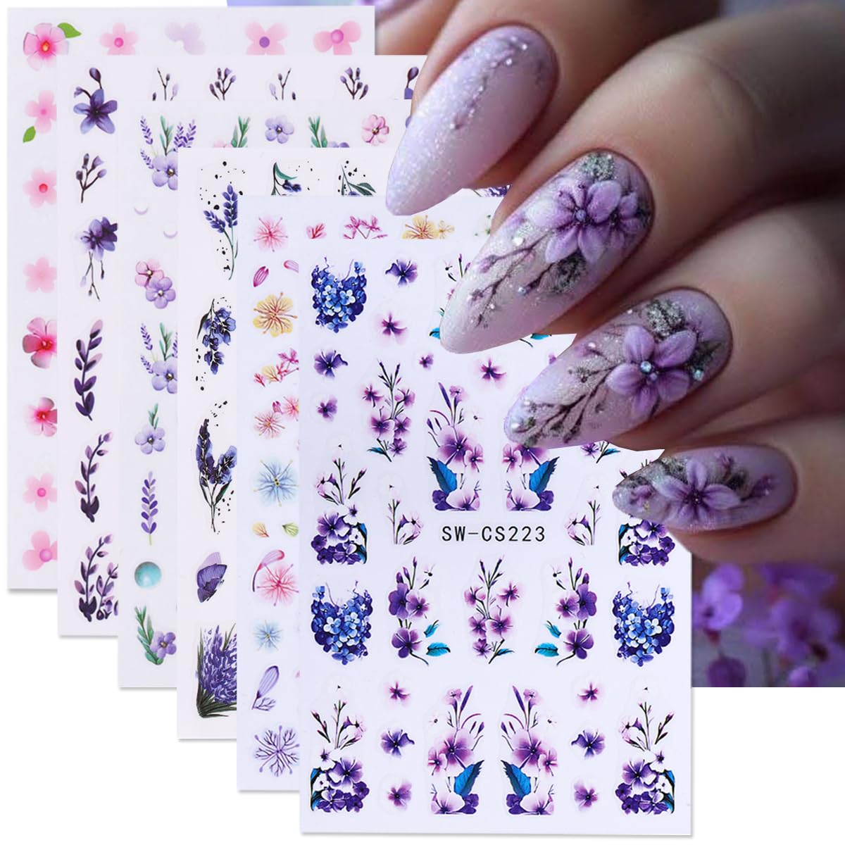 Spring Flower Nail Art Stickers - 6PCS Pink Purple Blossom Floral 3D Self-Adhesive Nail Decals for Manicure | DIY Nail Decorations | Perfect for Spring Parties, Weddings & Everyday Nail Art