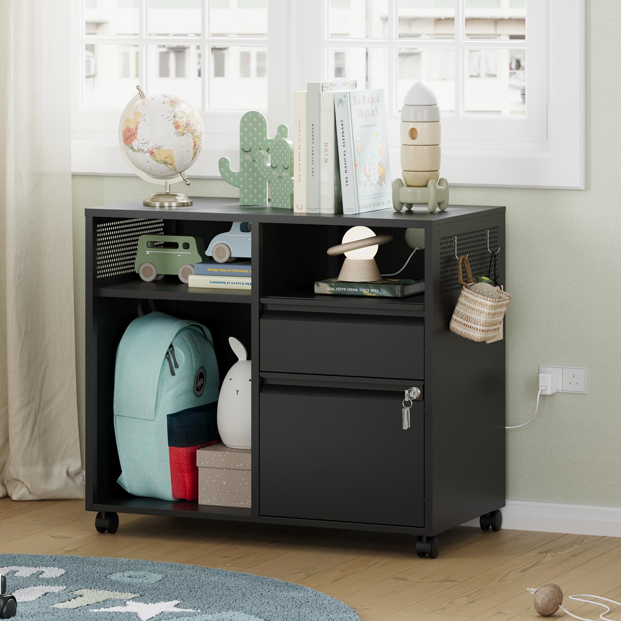 Letaya Mobile File Cabinet - Metal Lateral Rolling Printer Stand with Shelves for Home Office Storage - Organize A4/F4/Letter Size Documents - Perfect for Office, Study Room or Home Workspace (Black)