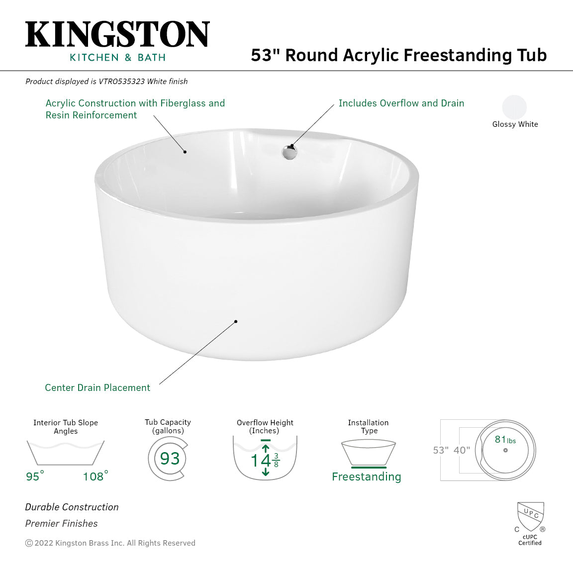 Aqua Eden 53 Inch Acrylic Round Freestanding Bathtub - Double Ended Soaking Tub with Drain, Glossy White Finish for Luxury Bathroom & Spa Relaxation