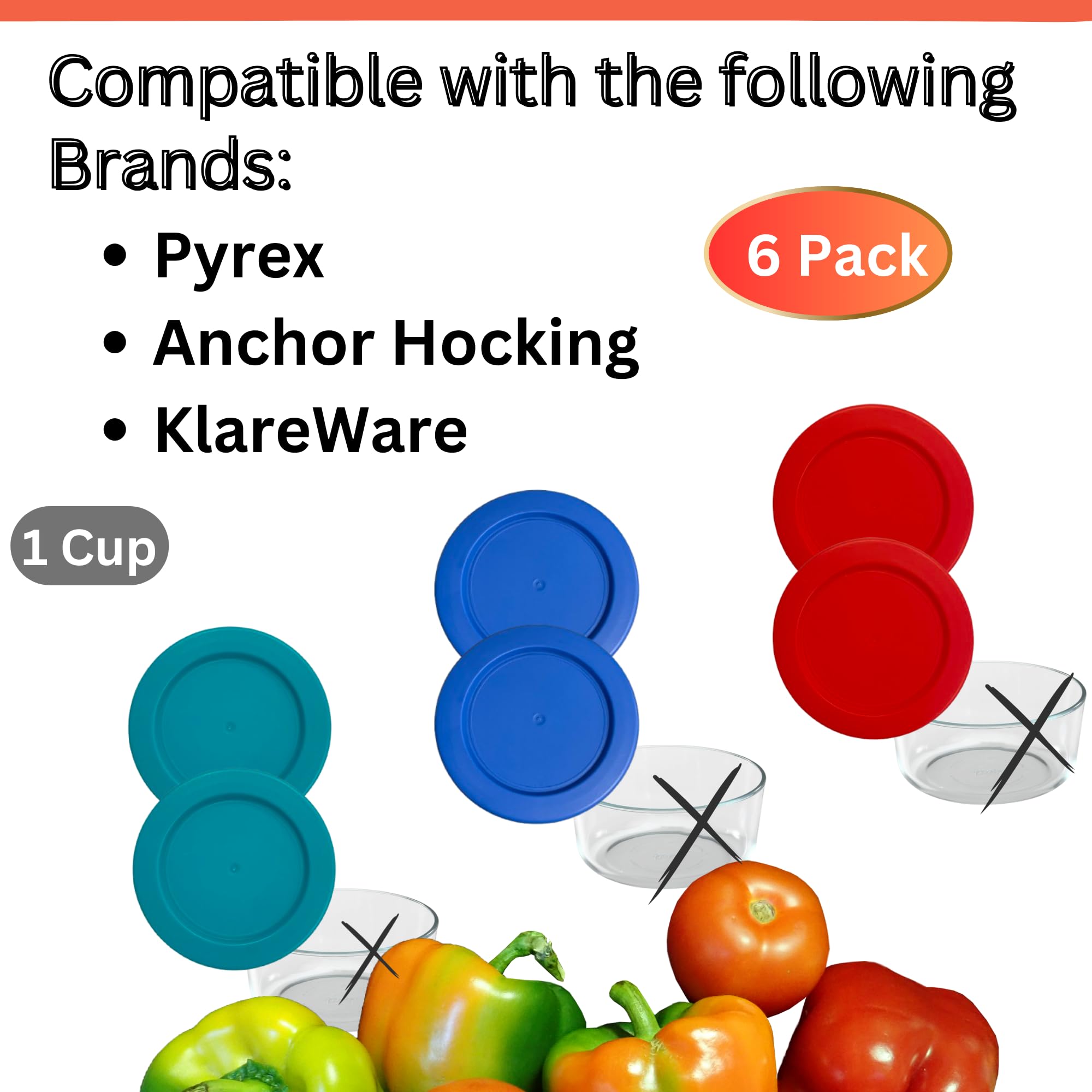 Pyrex 1 Cup Glass Food Storage Container Replacement Lids - 6 Pack (Turquoise, Blue, Red) - Airtight & Leakproof Covers for Meal Prep, Leftovers & Pantry Organization - Container Not Included