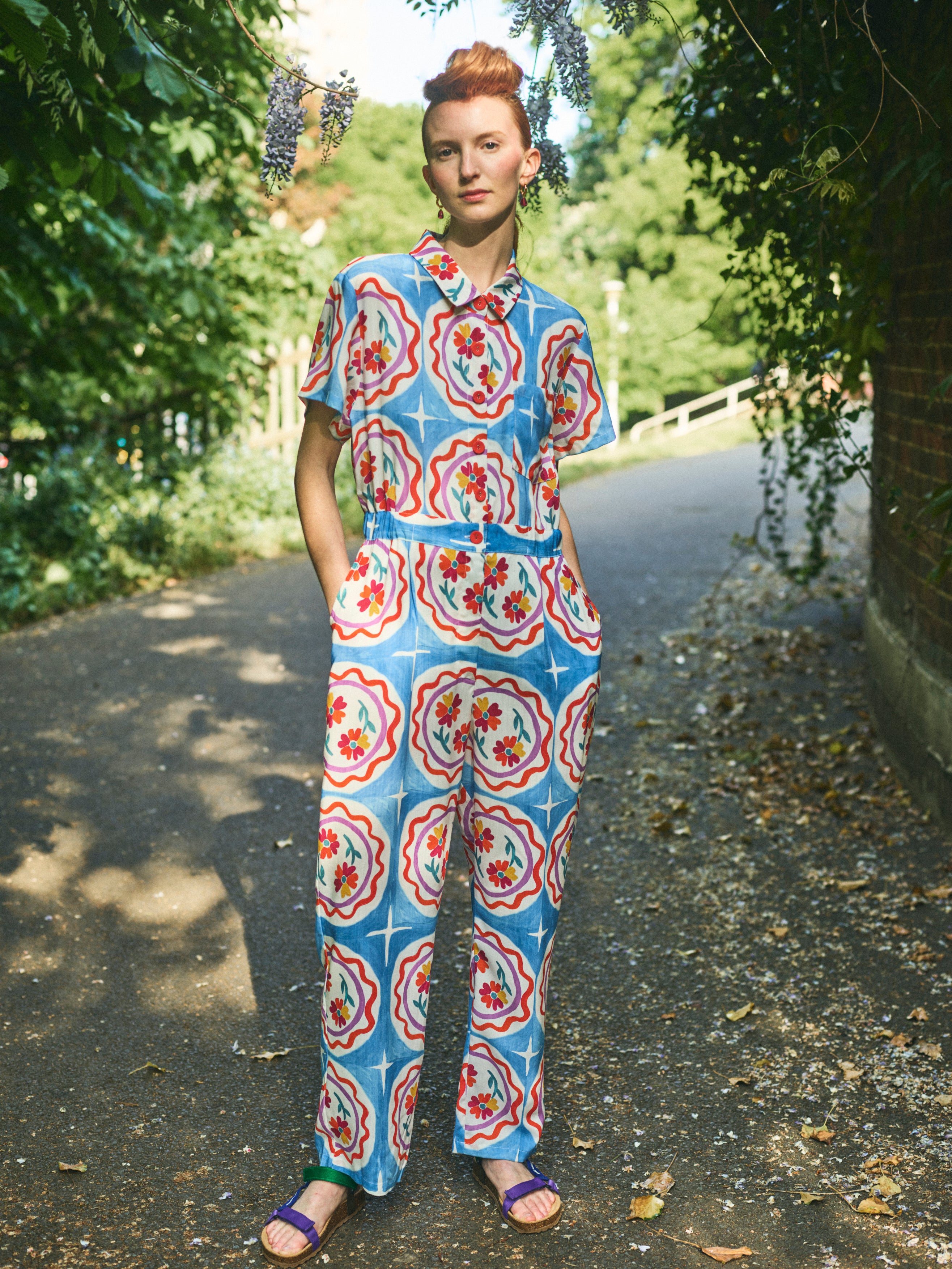 Lowie Women's Lyocell Plate Print Boilersuit Jumpsuit - Eco-Friendly Comfort Wear for Casual Outings & Lounge Relaxation