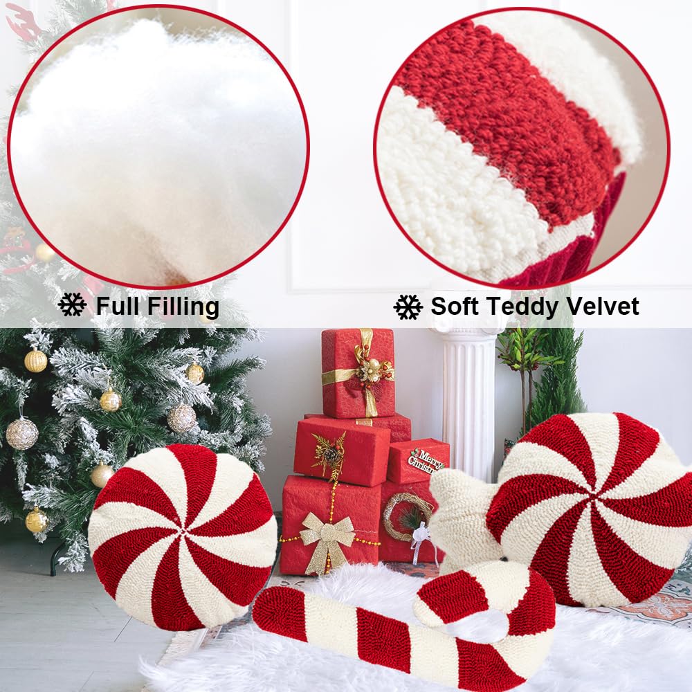 Christmas Candy Throw Pillow - 15x15 Inch White Round Decorative Holiday Pillow for Couch, Sofa & Bed - Soft Plush Winter Decor for Home, Living Room & Christmas Tree Skirt Area
