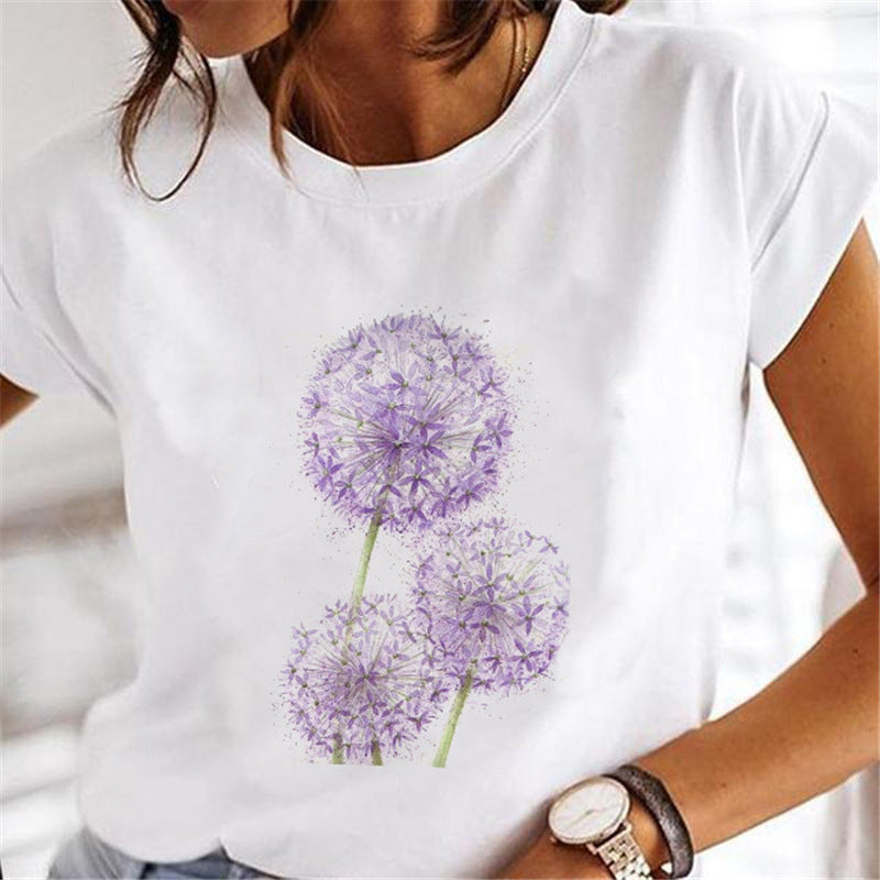 Women's Dandelion Print Cartoon T-Shirt - Fashion Casual Short Sleeve Tee for Women - Perfect for Summer Outfits, Streetwear & Graphic Tee Lovers