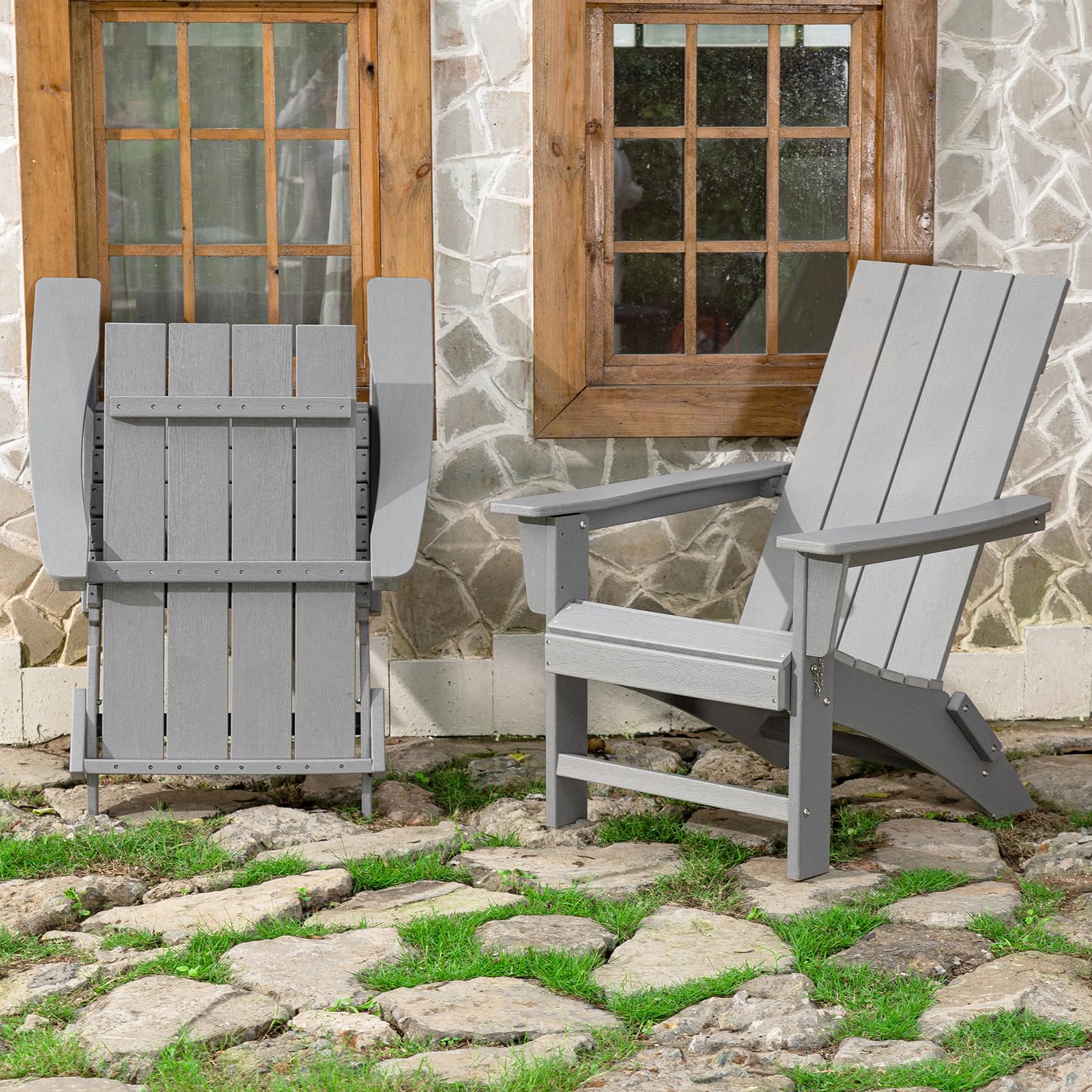 **Weather-Resistant Folding Adirondack Chair - HDPE Outdoor Patio Furniture for Porch, Pool, Garden & Deck - Light Grey - Perfect for Campfires, BBQs & Relaxing Outdoors**