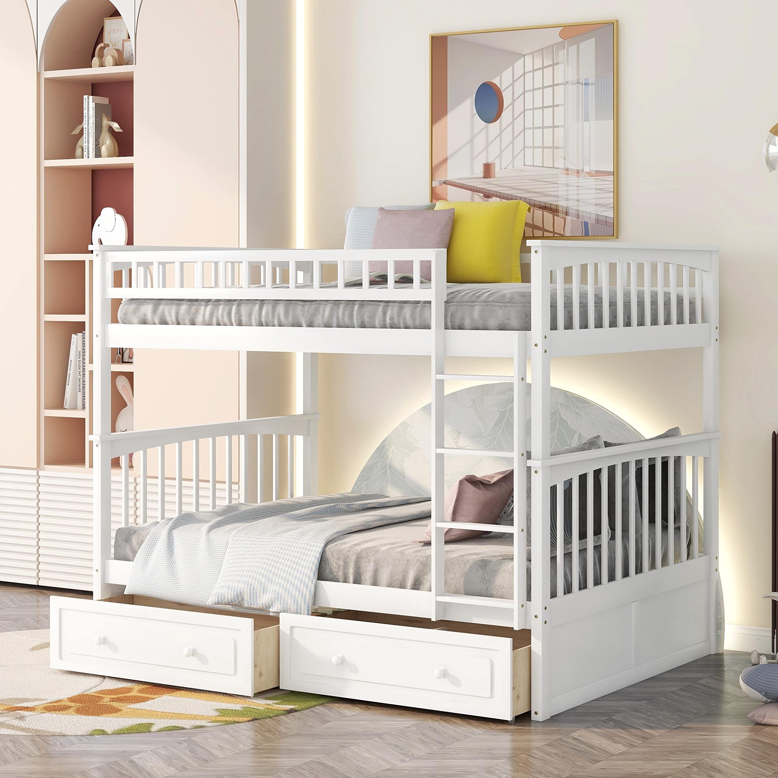Harper & Bright Designs Solid Wood Full Over Full Bunk Bed with 2 Drawers, Convertible Twin Daybed, Safety Rail & Ladder - White | Space-Saving Kids & Teens Bedroom Furniture for Siblings or Sleepovers