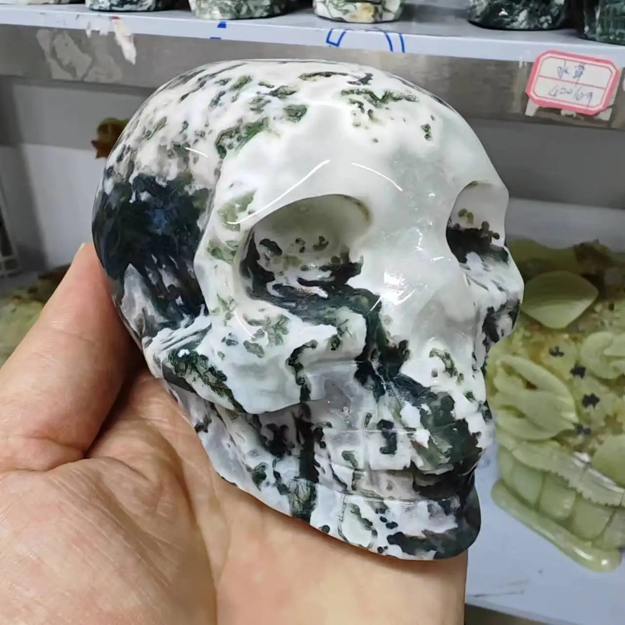 Natural Moss Agate Crystal Skull - Healing Energy Gemstone for Reiki, Meditation & Home Decor | Unique Spiritual Gift for Collectors & Healing Practitioners | Perfect for Yoga Spaces, Altars & Positive Energy Rooms