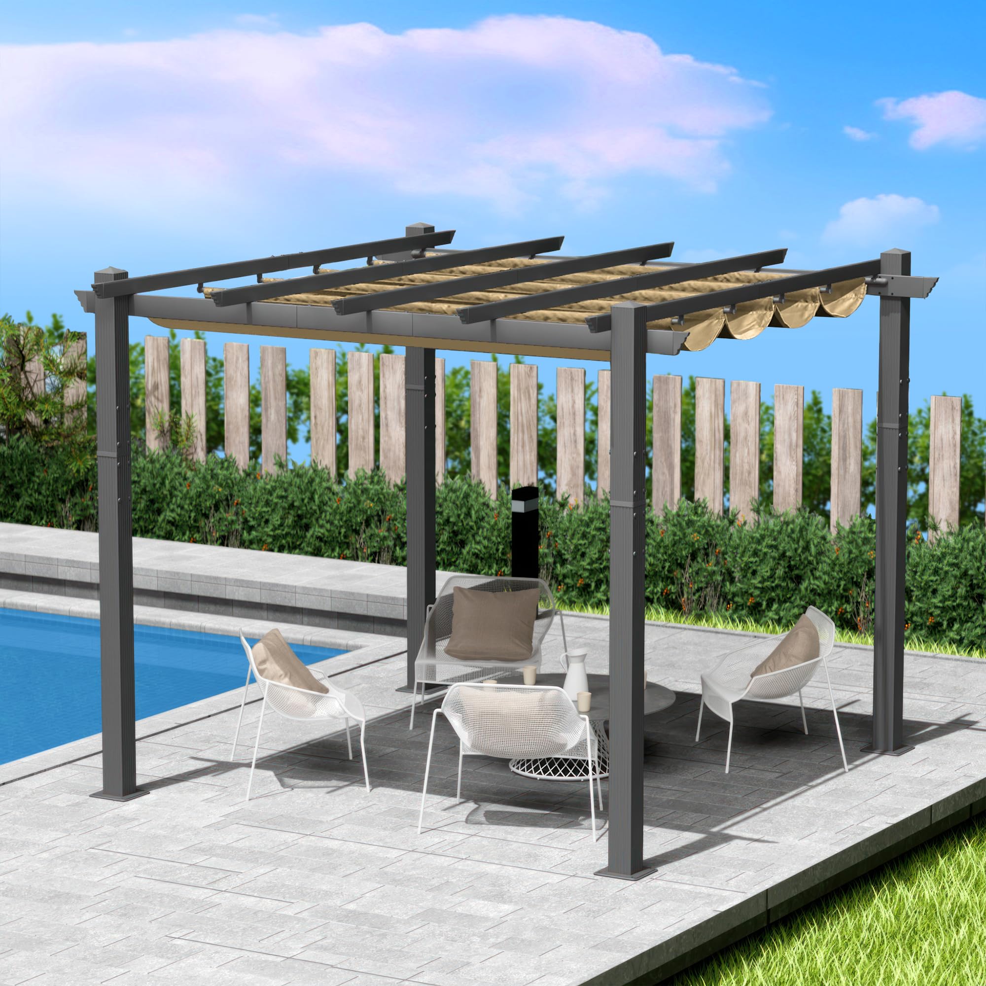 Kozyard Morgan 10' x 10' Beige Retractable Aluminum Pergola with Sun Shade Canopy - Modern Outdoor Patio Shelter for Backyard, Deck, Garden - Perfect for Lounging, Dining & Entertaining Guests
