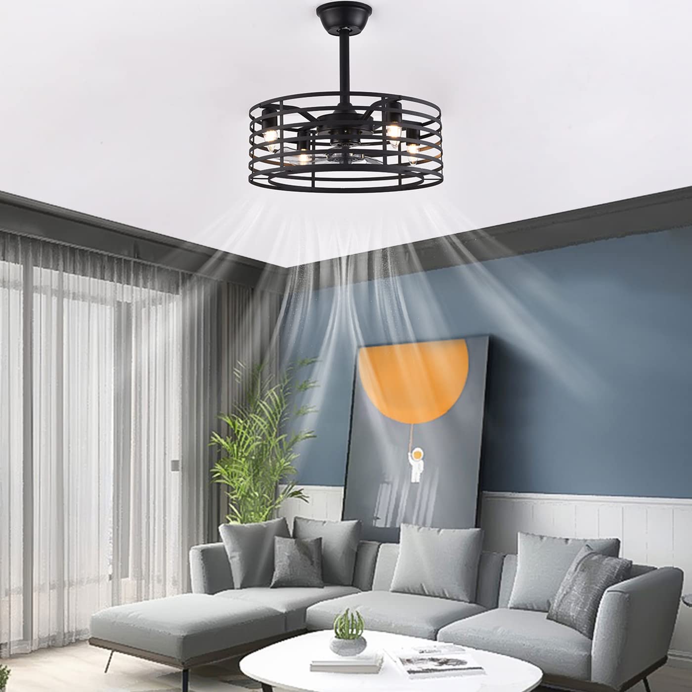 Industrial Ceiling Fan with LED Light & Remote Control - 3-Speed Quiet Enclosed Caged Fan, Downrod Mount Metal Edison Chandelier Style - Black Finish for Home, Bedroom, Living Room & Kitchen - Perfect for Modern Farmhouse, Industrial Lofts & High Ceiling Spaces