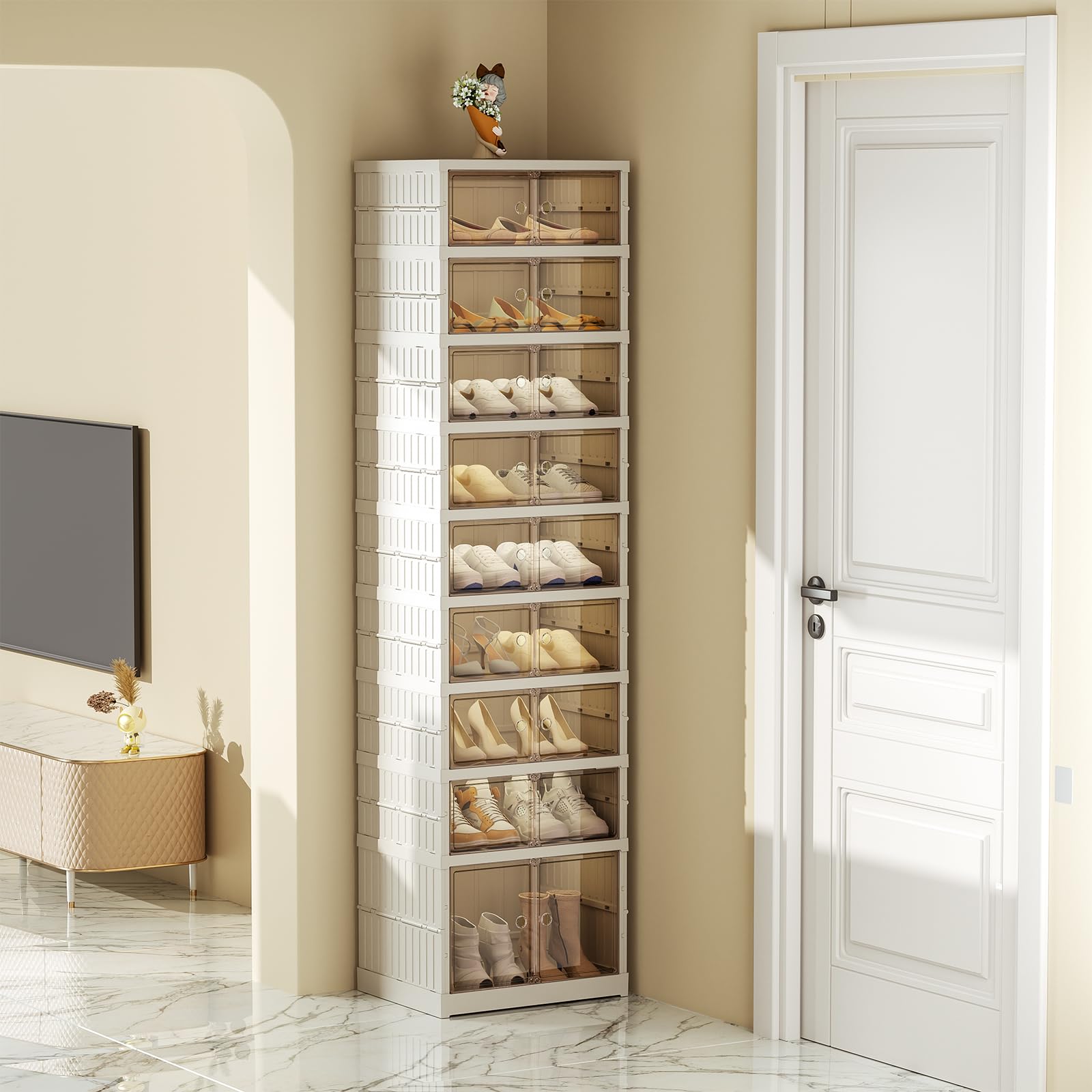 9-Tier Foldable Shoe Rack Organizer - Holds 18 Pairs of Shoes | Collapsible Sneaker Storage Cabinet with Doors & Lids | Stackable Closet & Entryway Shoe Shelf for Living Room, Bedroom & Hallway Organization
