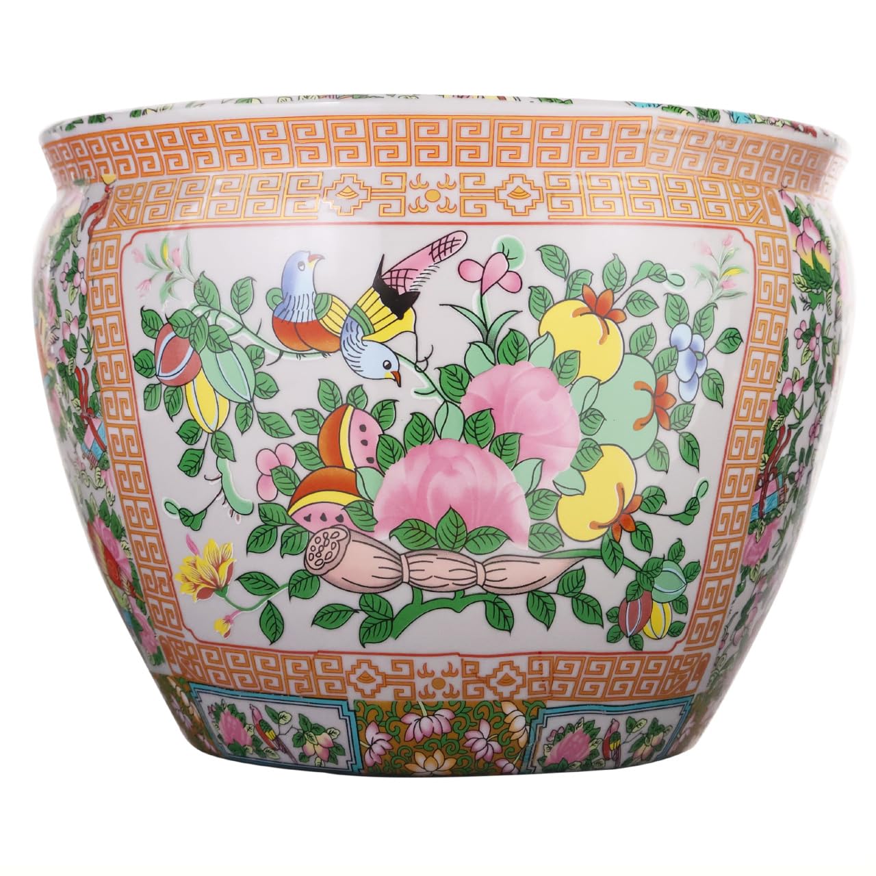 10 Inch Floral Asian Design Cachepot Planter with Rose Medallion Painting - Elegant Flower Pot for Home Decor, Garden, and Office