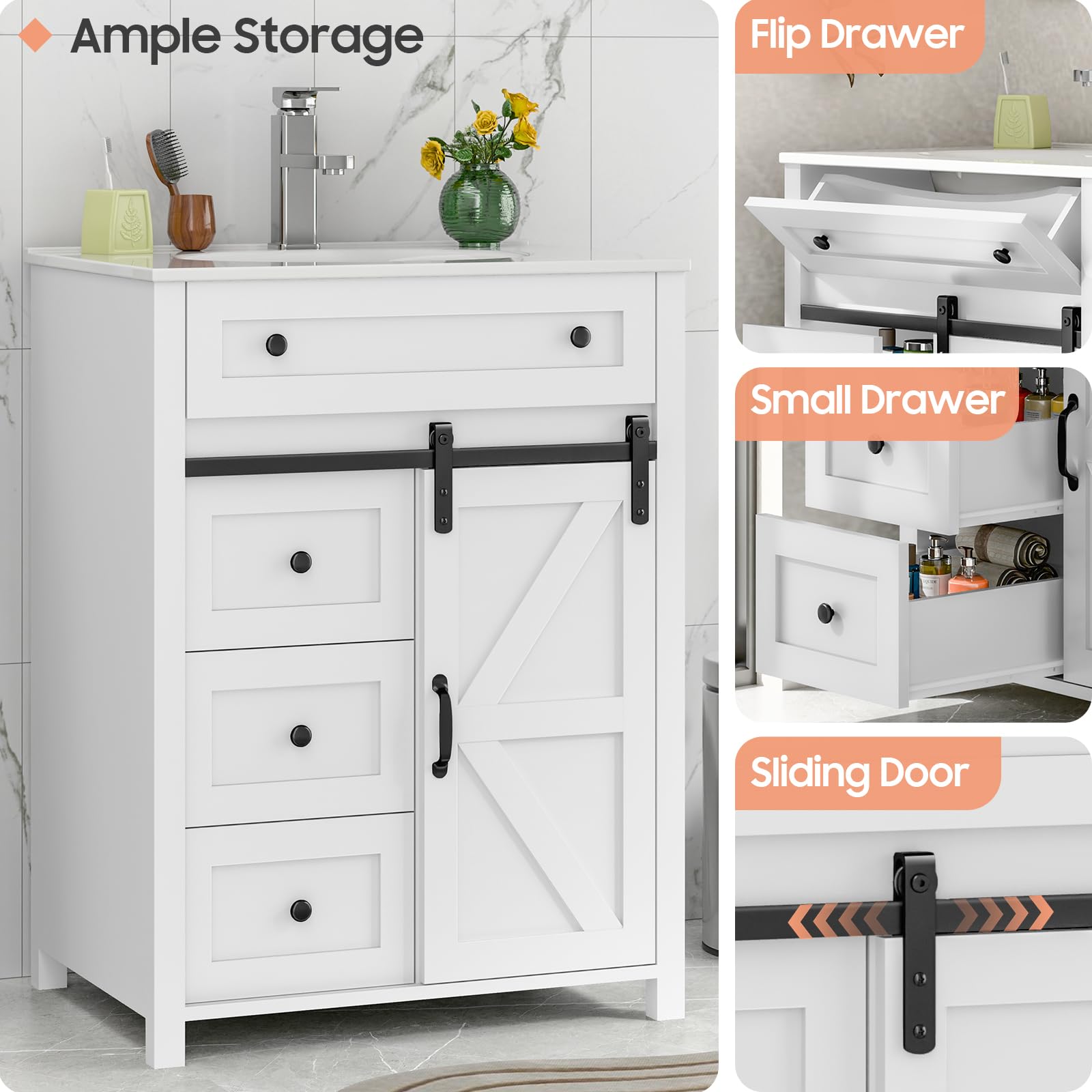 Vabches 48 Inch White Bathroom Vanity with Sink & Matte Silver Faucet - Freestanding Storage Cabinet with 4 Drawers & Sliding Door - Undermount Ceramic Sink for Modern Bathroom Remodel (Perfect for Master Bath, Guest Bath & Small Space Solutions)