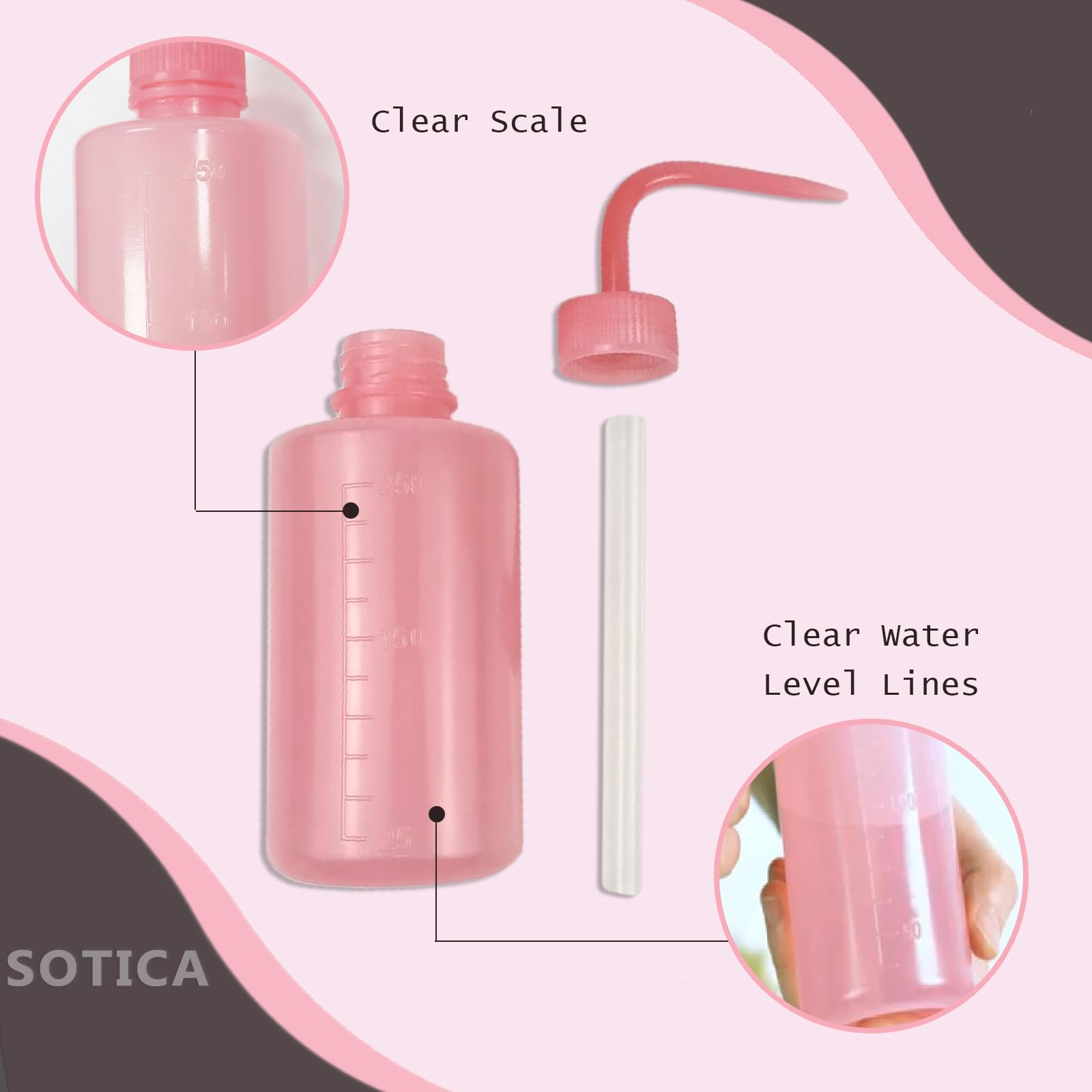 Sotica 8oz (250ml) Narrow Mouth Wash Bottles - 3 Pack Pink Squeeze Bottles with Measurement Scale & Labels | Tattoo Ink Bottles, Medical Lab Supplies, Lash Extension Tools, Succulent Watering Spray Bottles for Precise Liquid Dispensing