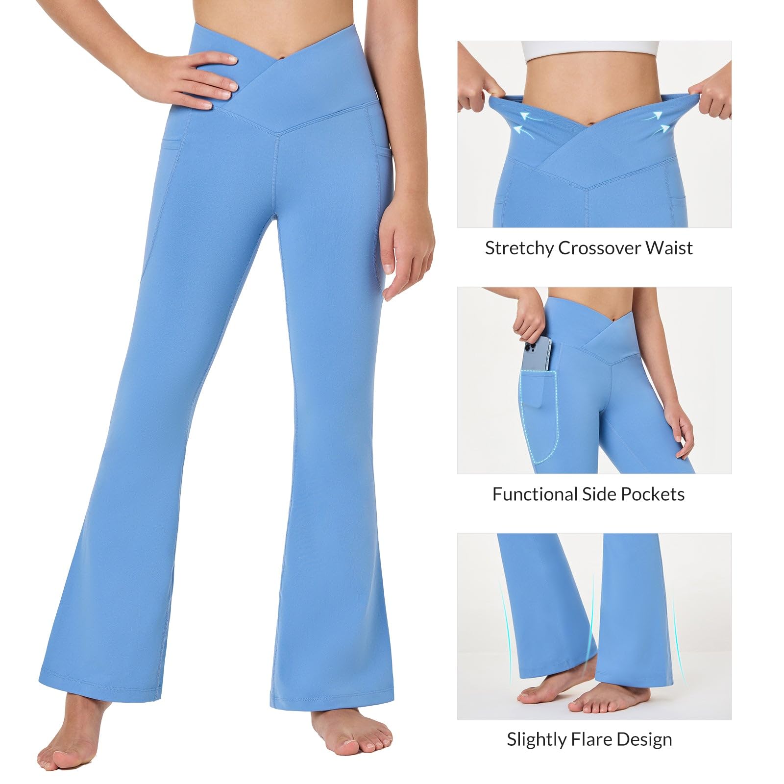 Baleaf Girls' High Waisted Bootcut Yoga Pants - Flare Leggings with Pockets for Dance, Kids Bell Bottoms - Perfect for Yoga, Dance Class & Casual Wear