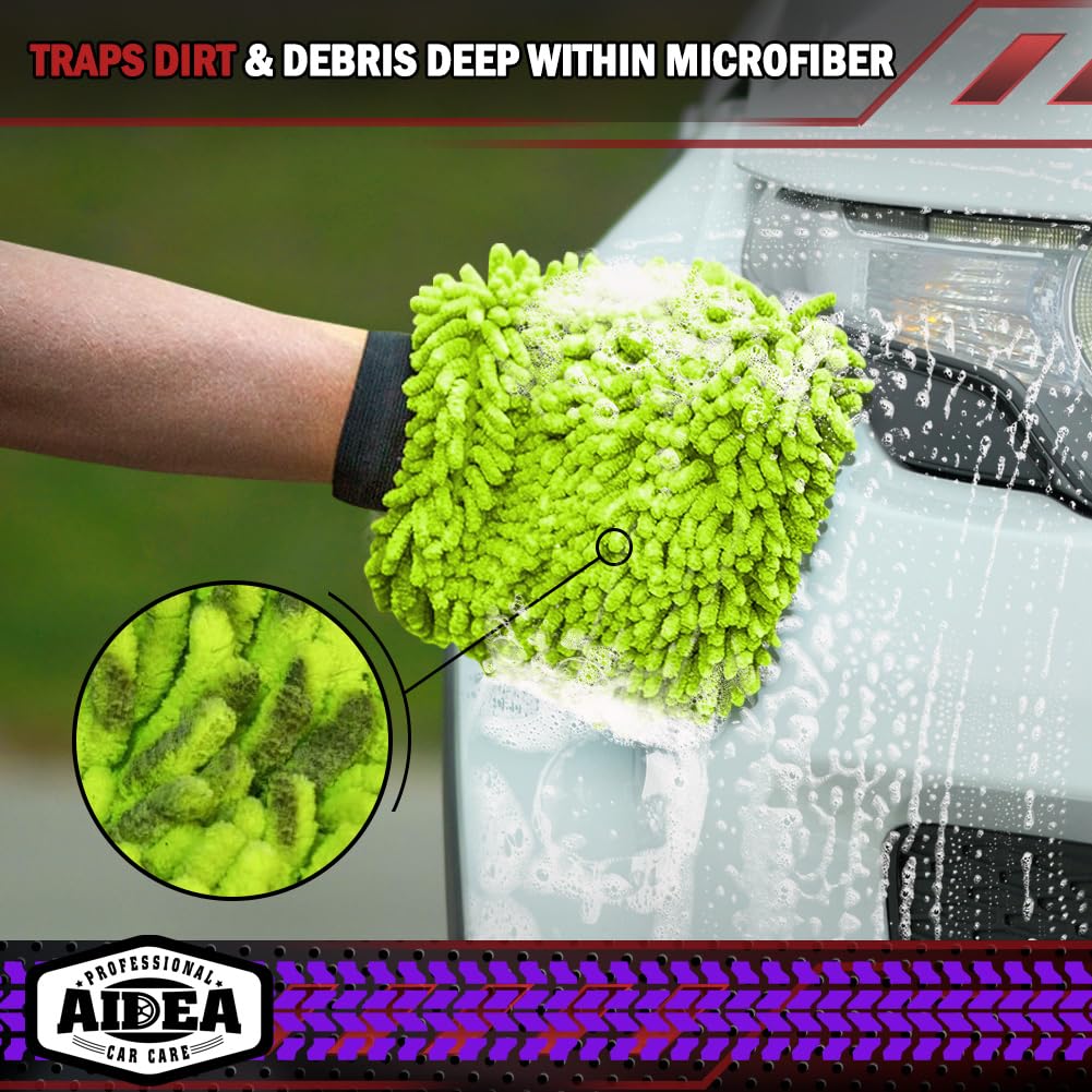 Premium Microfiber Car Wash Mitt - 2 Pack Scratch-Free & Lint-Free Chenille Wash Gloves for Auto Detailing (7.12