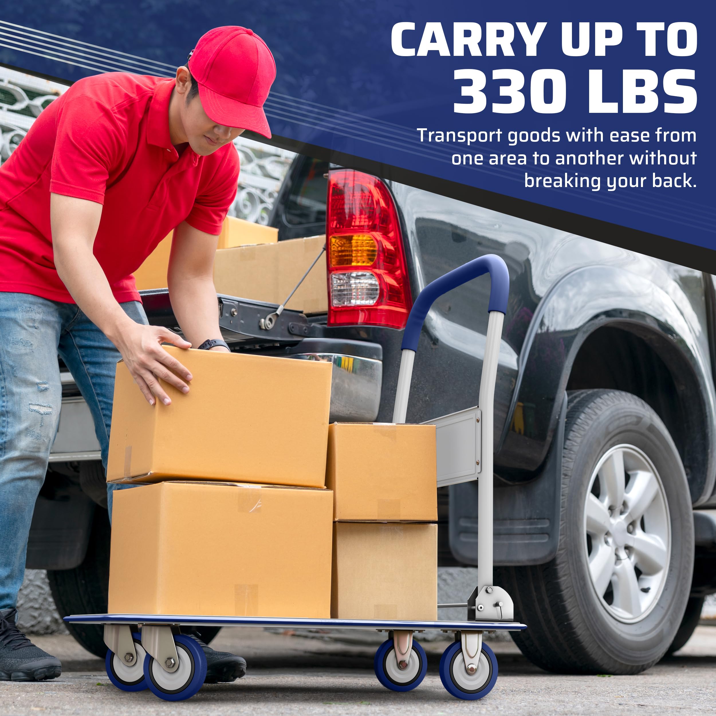 Heavy Duty Foldable Push Cart Dolly with 330 lbs Capacity - Collapsible Hand Truck with Swivel Handle & Flat Bed Wagon - Space Saving Moving Platform for Home, Office & Warehouse (Blue) - Perfect for Moving Boxes, Groceries & Heavy Loads
