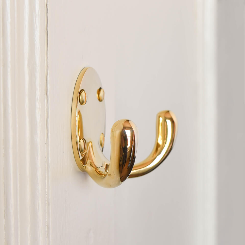 Polished Brass Double Wardrobe Hook - Heavy Duty Large Coat Hooks for Closet, Bathroom & Entryway - Rust-Resistant Wall Mounted Organizer for Hats, Robes & Bags