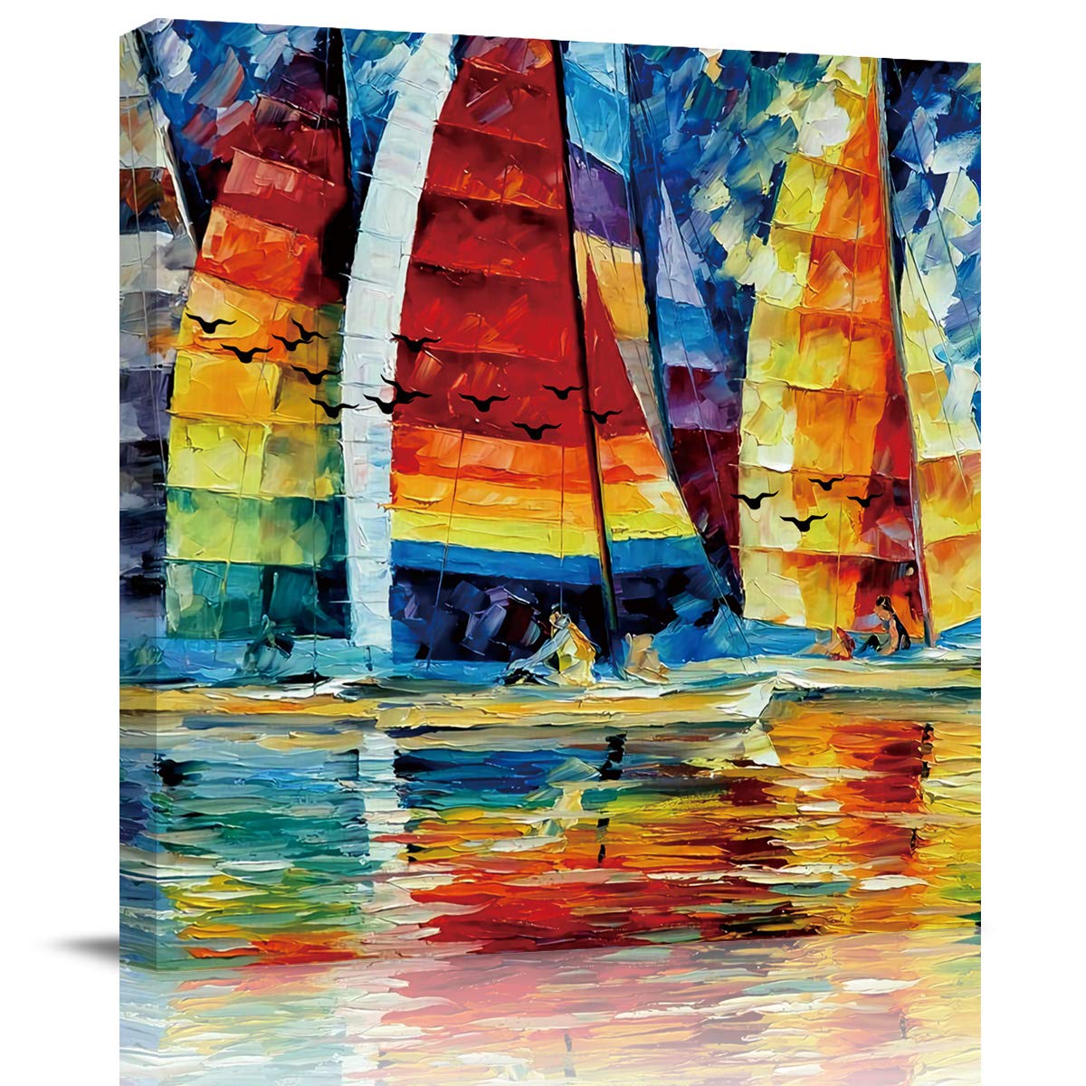 Chees D Zone Stretched and Framed Oil Painting Canvas Wall Art - Abstract Sailboat Seagull Poster for Home Decor, Living Room & Kitchen - Colorful Nautical Themed Artwork (Perfect for Coastal, Beach House or Modern Interior Design)