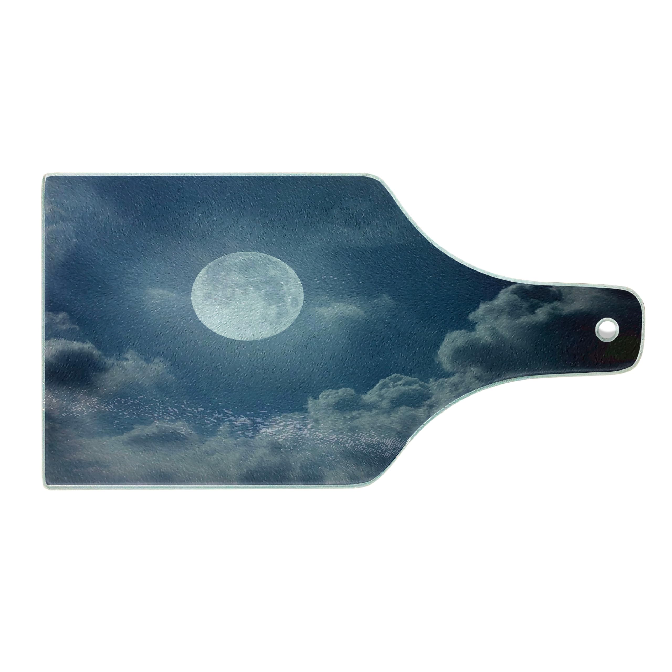 Ambesonne Moon Themed Tempered Glass Cutting Board - Night Sky with Full Moon & Clouds Space Photography Print - Decorative Serving Board for Cheese, Charcuterie & Wine - Dark Blue & White Wine Bottle Shape - Perfect for Dinner Parties, Gifts & Home Decor