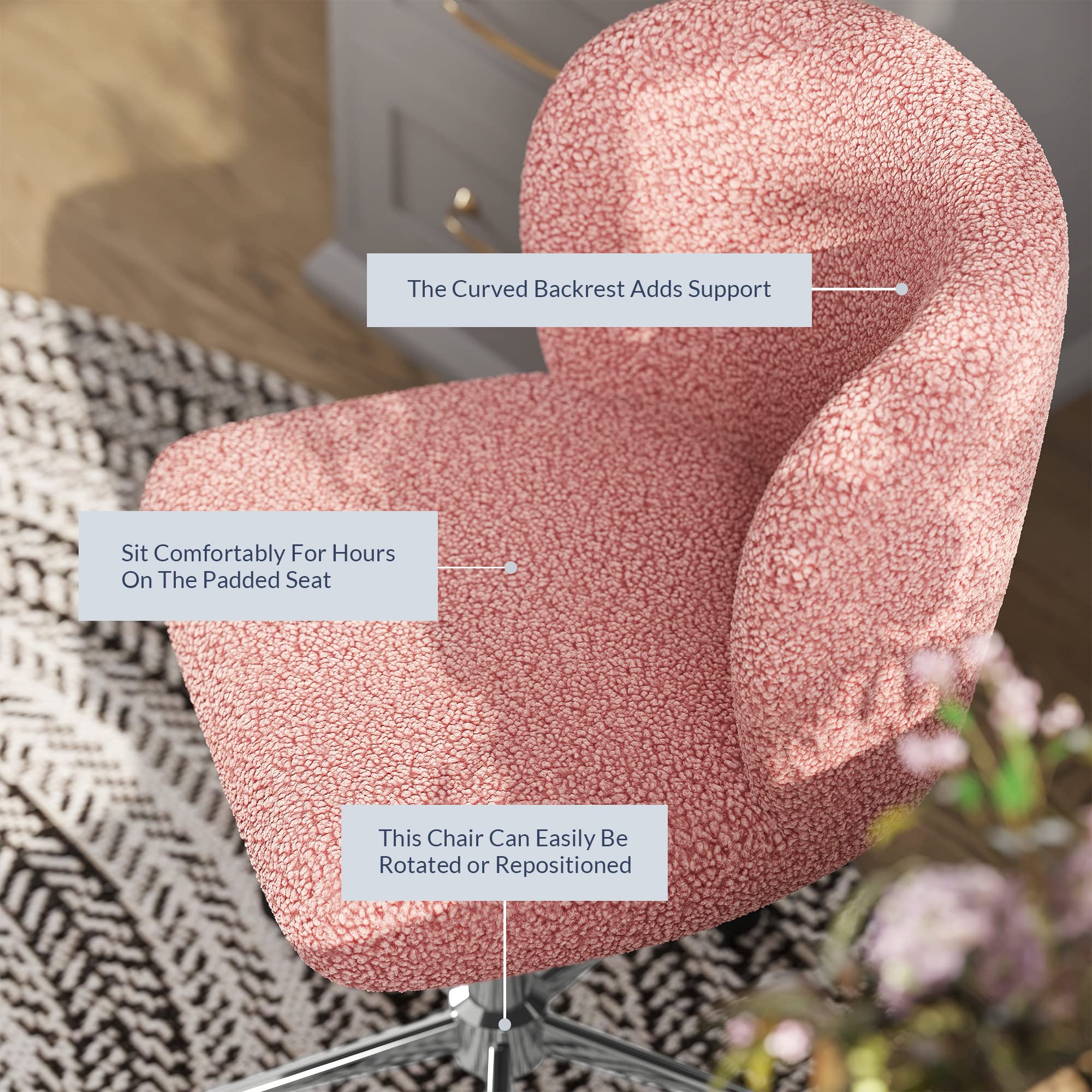 BELLEZE Modern Upholstered Boucle Swivel Office Chair with Adjustable Height - Pink Rolling Desk Chair for Home Office, Gaming, Study & Vanity | Stylish Comfortable Work Chair with Wheels