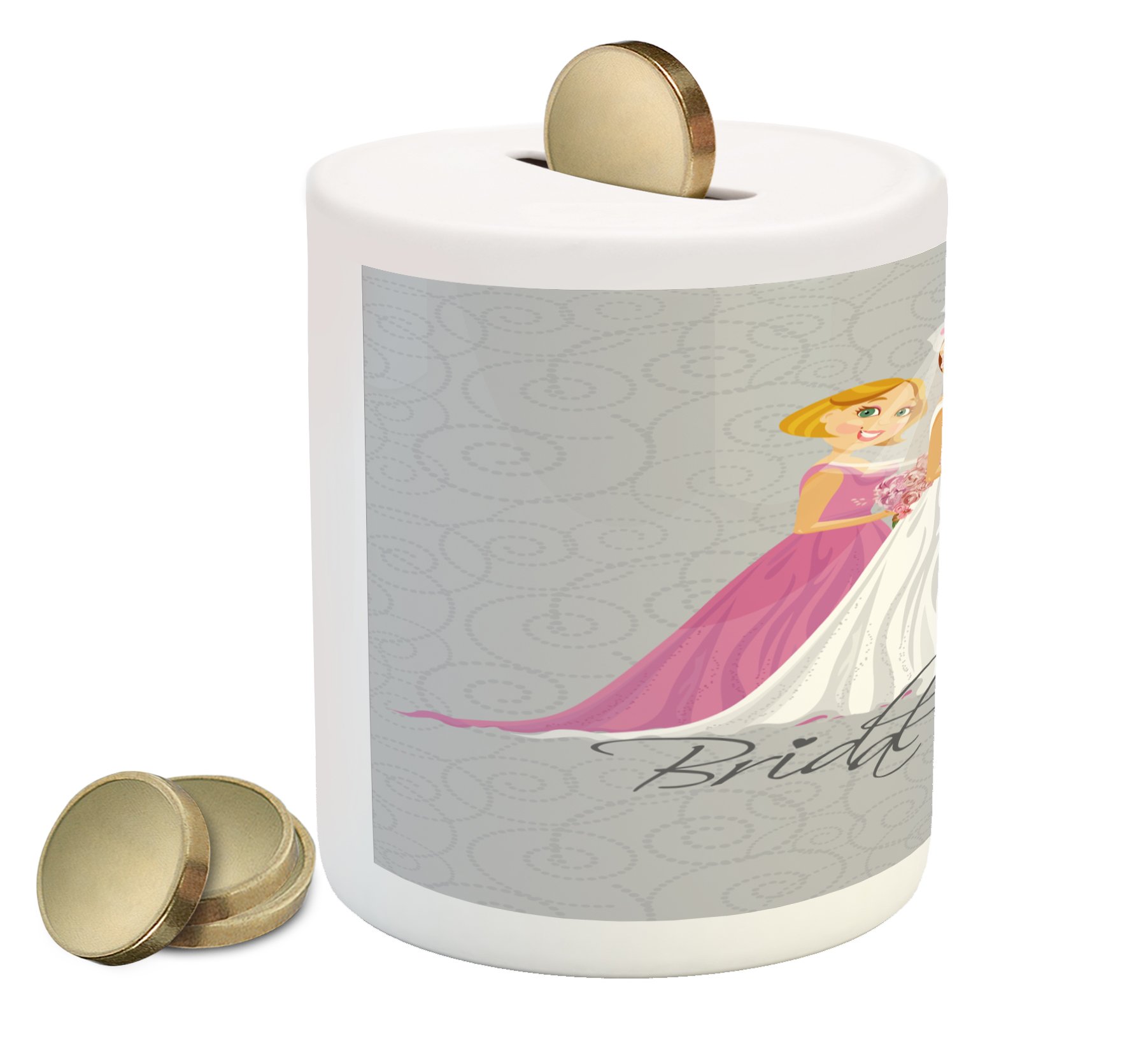 Ambesonne Floral Ivy Ceramic Piggy Bank - Money Box for Bride & Bridesmaids | Wedding Shower Gift, Cash Saving Coin Bank in Grey Pink & White | Perfect for Bridal Parties, Bachelorette Gifts & Wedding Savings