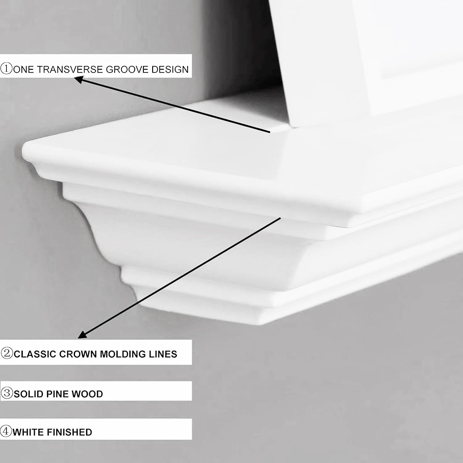 WELLAND 48 Inch White Pine Wood Fireplace Mantel Shelf - Wall Mounted Floating Shelf with Corona Crown Molding - Perfect for Living Room, Bedroom & Home Decor (Picture Ledge Shelves)