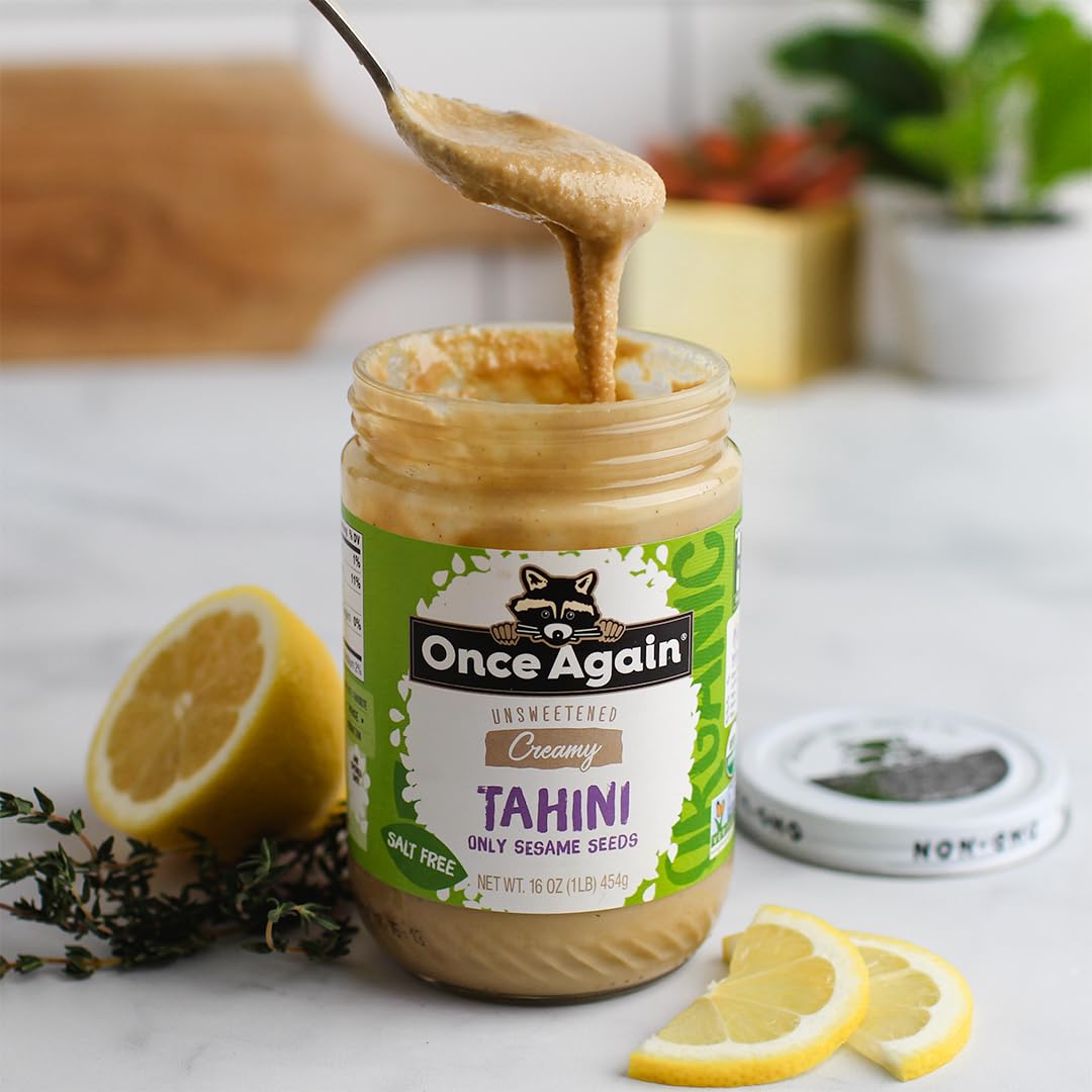 Once Again Organic Sesame Tahini, 16oz - Salt Free, Unsweetened - USDA Organic, Gluten Free, Vegan, Kosher, Peanut Free - Perfect for Hummus, Salad Dressings & Baking - Glass Jar
