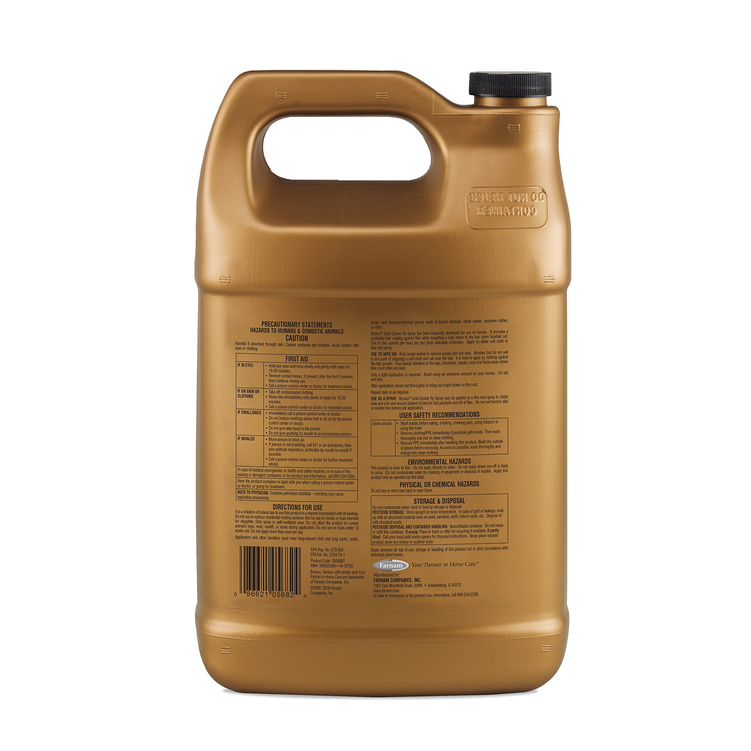Farnam Bronco Gold Fly Spray for Horses | Gallon Refill (128 oz) | Fly Repellent, Grooming Aid & Coat Conditioner | Ideal for Stables, Barns & Outdoor Riding