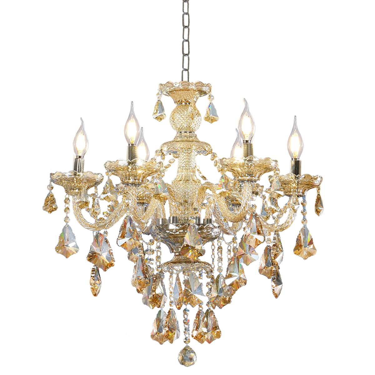 Modern K9 Crystal Chandelier Cognac 6-Light E12 Base Candle Pendant Lighting Fixture - Elegant Crystal Ceiling Light for Dining Room, Living Room, Bedroom, Hallway - Perfect for Home Decor, Wedding Venues, and Luxury Interior Lighting
