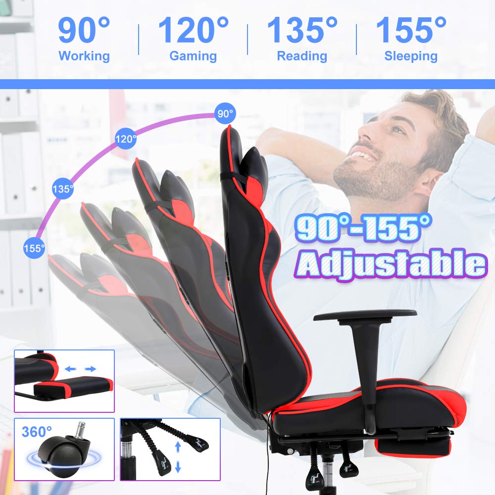 Ergonomic Red PC Gaming Chair with Massage Lumbar Support, Adjustable Racing Office Chair with Footrest & Headrest - Perfect for Home Office, Video Gaming & Streaming Setup